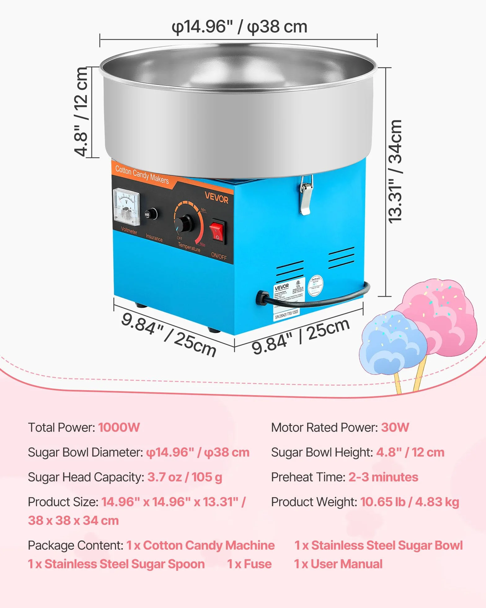 VEVOR Máquina de Algodón de Azúcar Eléctrica 1000 W Capacidad de 100 g de Azúcar 38 x 38 x 34 cm Fácil de Instalar y Desmontar Fácil de Usar con Azucarero y Cuchara para Hogar, Fiestas, Azul