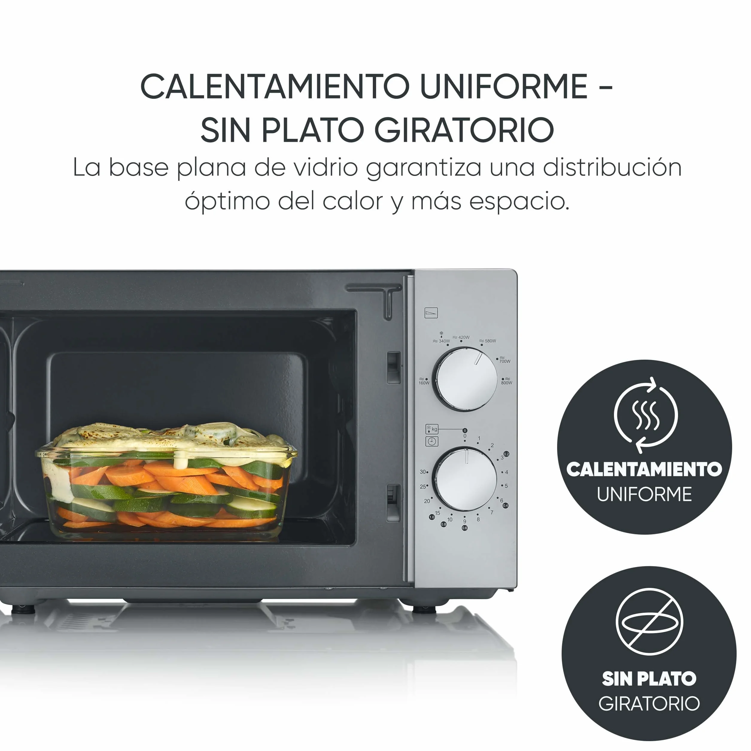 SEVERIN Microondas Flatbed 20 l, 800 W, interior plano, sin plato giratorio, calentamiento uniforme, 6 niveles de potencia, 2 mandos de control manual, negro mate, acero inoxidable, MW 9184