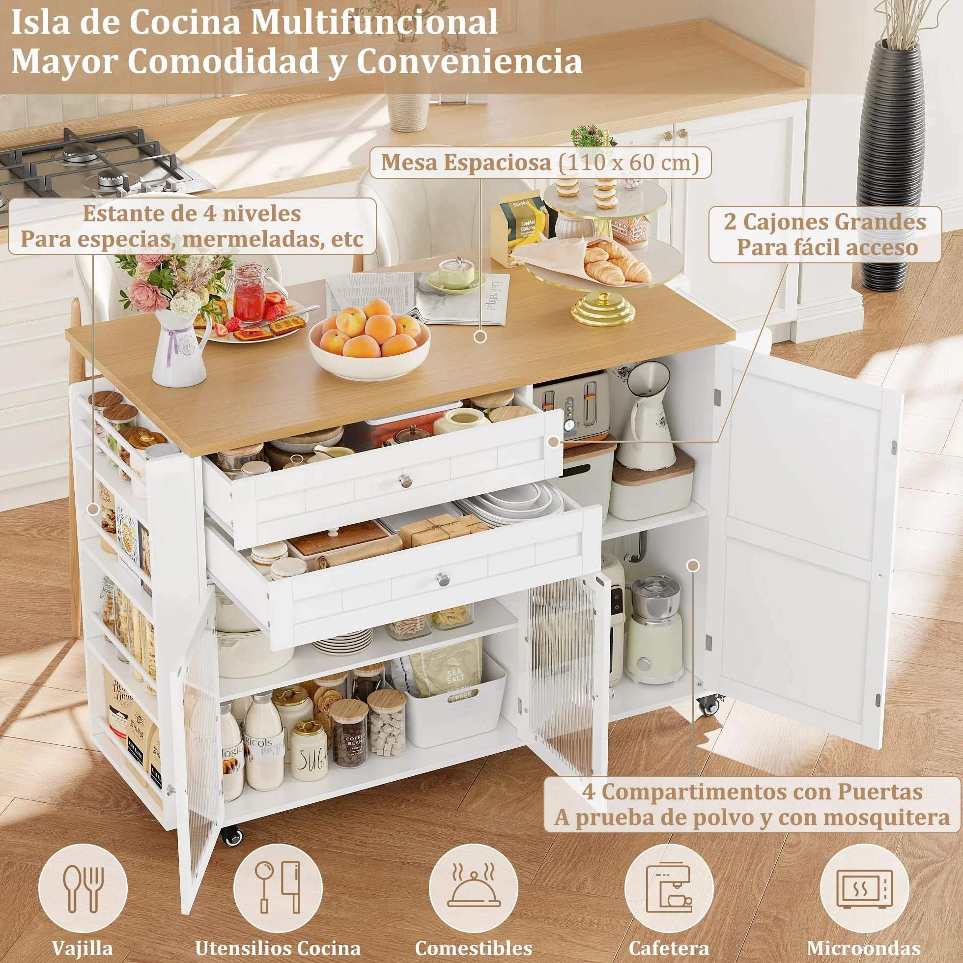 FirFurd Isla Cocina con Ruedas, Isla de Cocina con Barra, Mueble Cocina Auxiliar, con Mesa Plegable, con 5 Ruedas, 2 Cajones y 3 Puertas, Especiero y Toallero (Blanco)