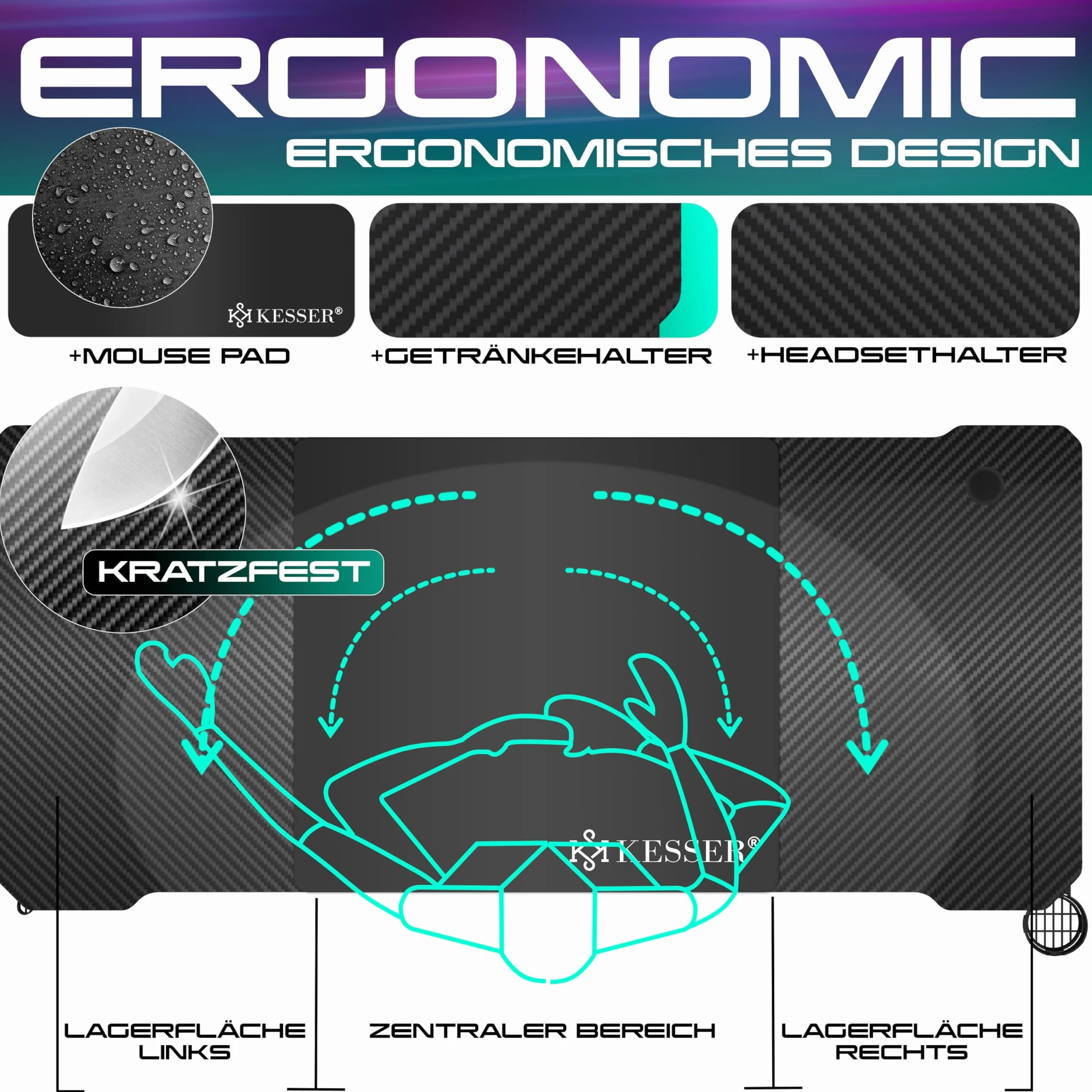 KESSER® Mesa Gaming | 180 x 80 cm | Escritorio para Gamer en Forma de Z | Soporte para Auriculares | Mesa ergonómica para Ordenador | Incl. Alfombrilla de ratón y Soporte
