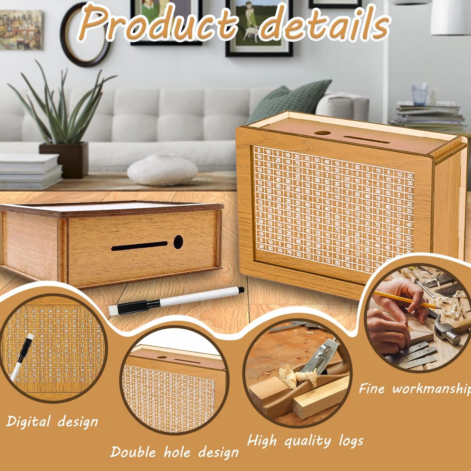 Hucha de Madera, Hucha con Contador, Cajas de Dinero Reutilizables, Caja de Dinero con Objetivo Ahorro y Números para Marcar, para Ayudar a Los Niños a Desarrollar el Hábito de Ahorr (5000)
