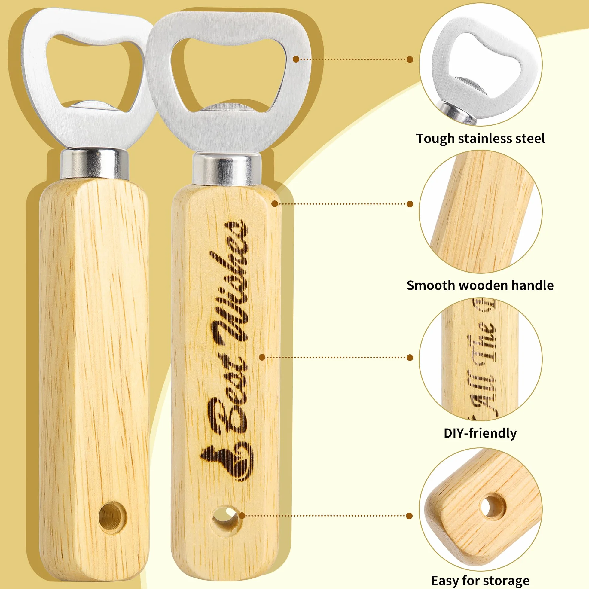 Abrebotellas de madera grabables, 6 abrebotellas de mano – Personalizados para el hogar, bar, fiestas y regalos KH1306
