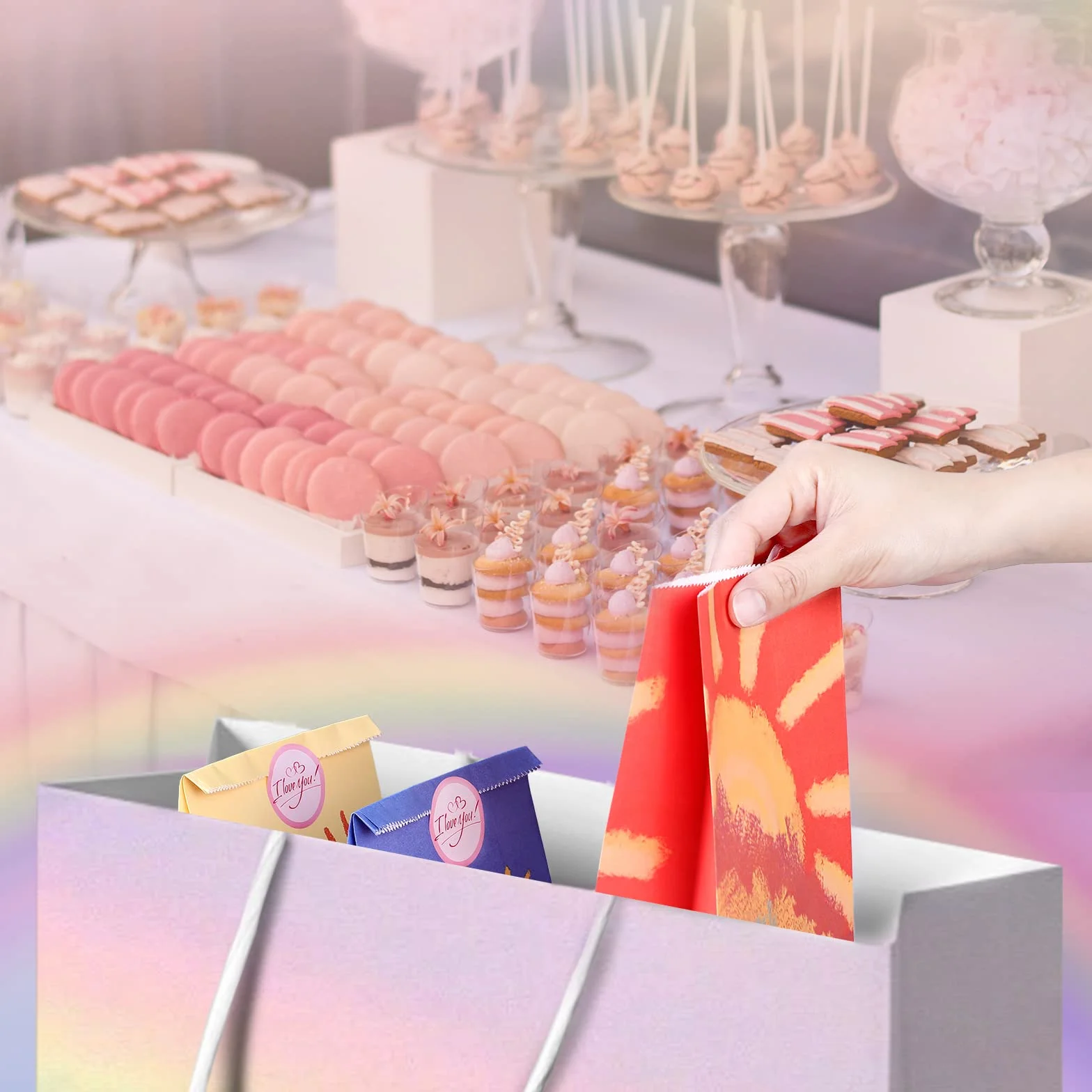 Romon Bolsitas para Regalos, 24 PCS Bolsas de Papel Kraft Arco Iris Bolsas Cumpleaños Infantil con 24 Pegatinas para Envolver Regalos, Regalos, Fiesta, Celebración, Boda, 1 item