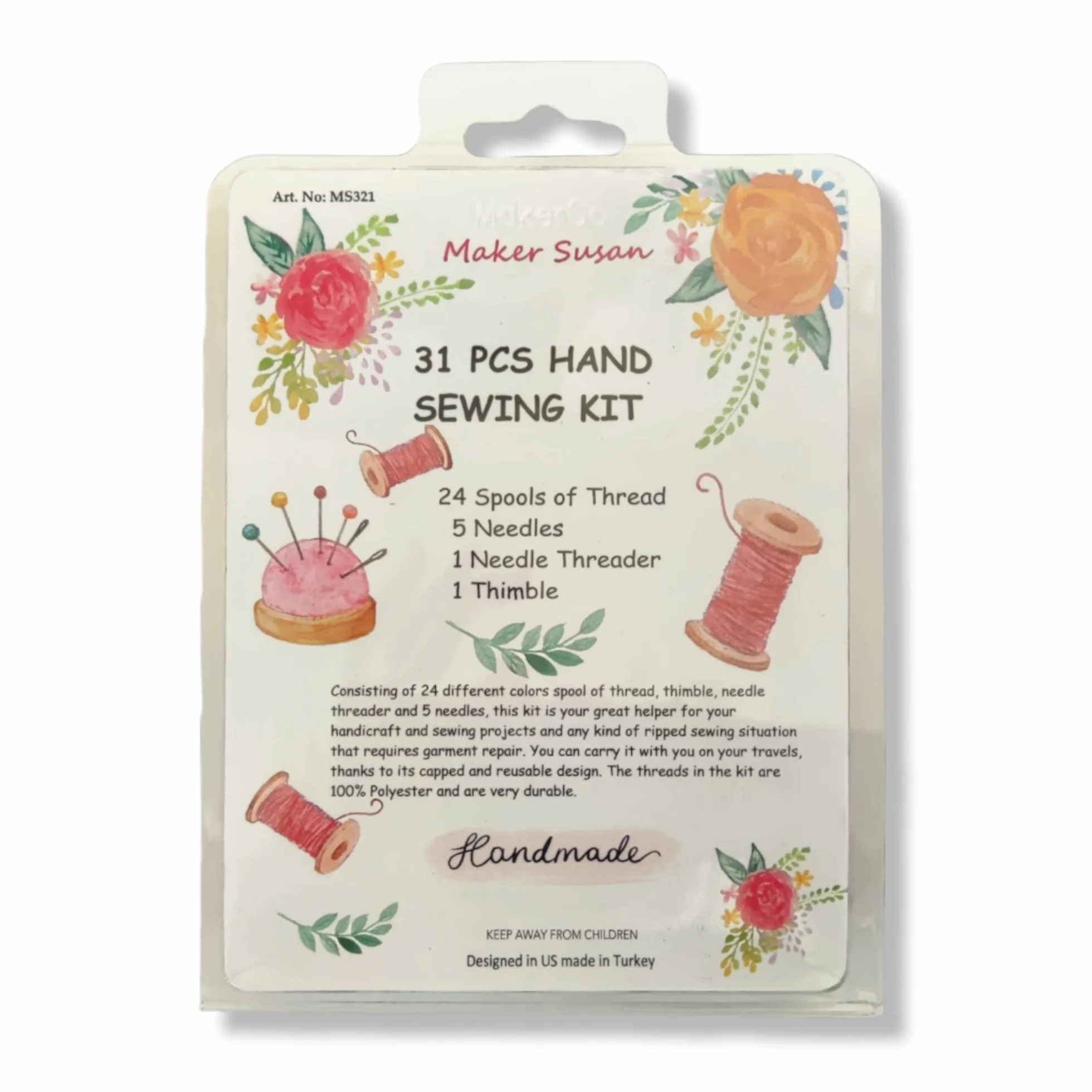 Maker Susan Juego de 31 hilos de coser a mano, 24 hilos de bobina de colores surtidos con juego de 5 agujas de coser a mano, enhebrador de aguja, dedal