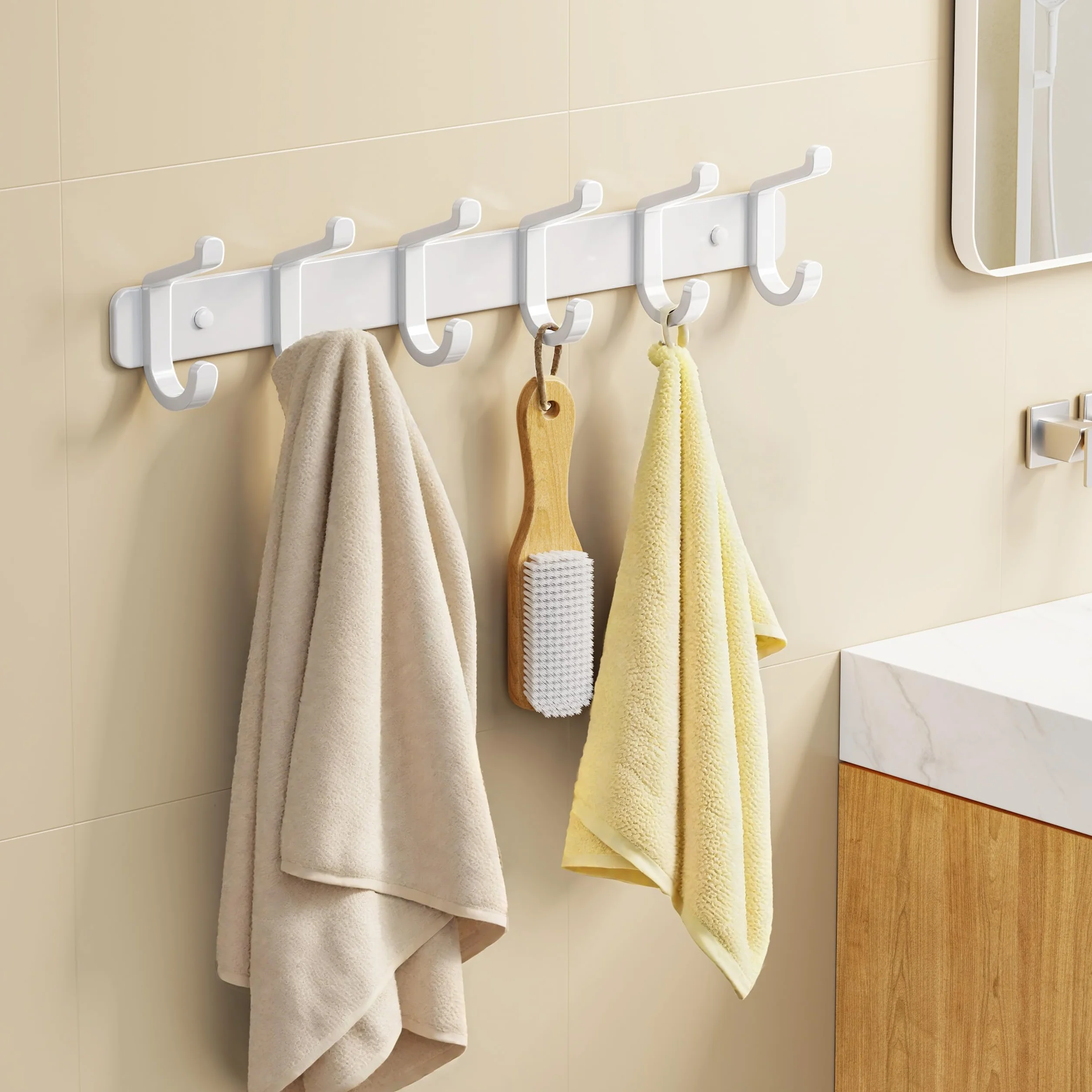 Juego de 2 percheros de pared con 6 ganchos, percheros de metal, perchero de pared para chaquetas, bolsos, sombreros, bufandas, barra para colgar ropa en el dormitorio, armario, baño o cocina (blanco)
