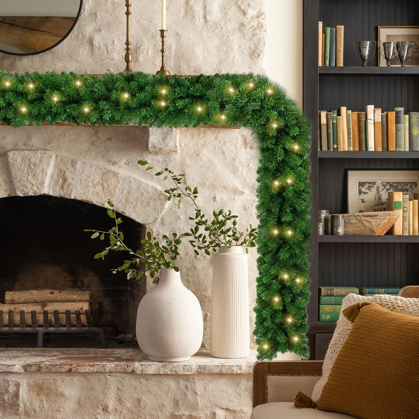 Guirnalda de Navidad Decoración con 50 LED Luces,2.7m/9 FT Guirnalda Artificial Guirnalda de Hiedra con escaleras chimeneas Puertas decoración navideña Exterior Interior (Verde)