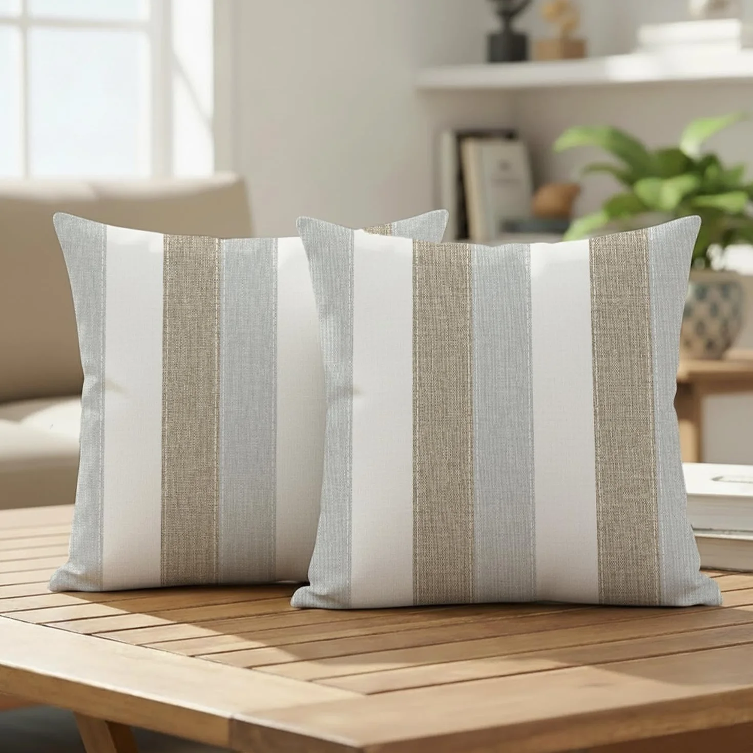 Funda Cojines 45x45 cm Rayas Beige Gris Blanco Juego de 2 Decorativas para Sofá