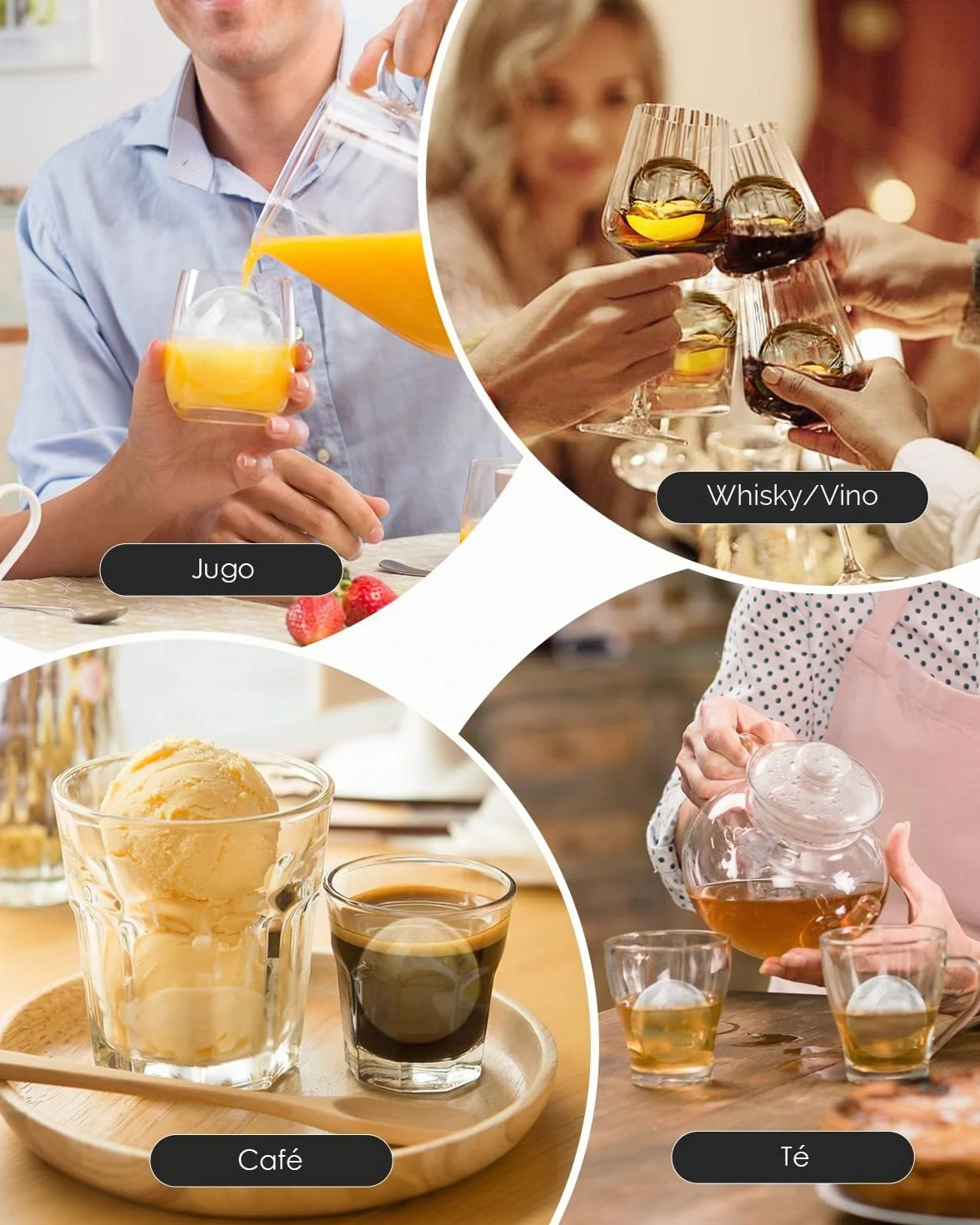 Bandeja de Hielo Circular Reutilizable 6 cm para Cubitos de Hielo con Tapa de Embudo - Cubiteras Grandes Redondos para Whisky, Cócteles y Vino (4 pcs)