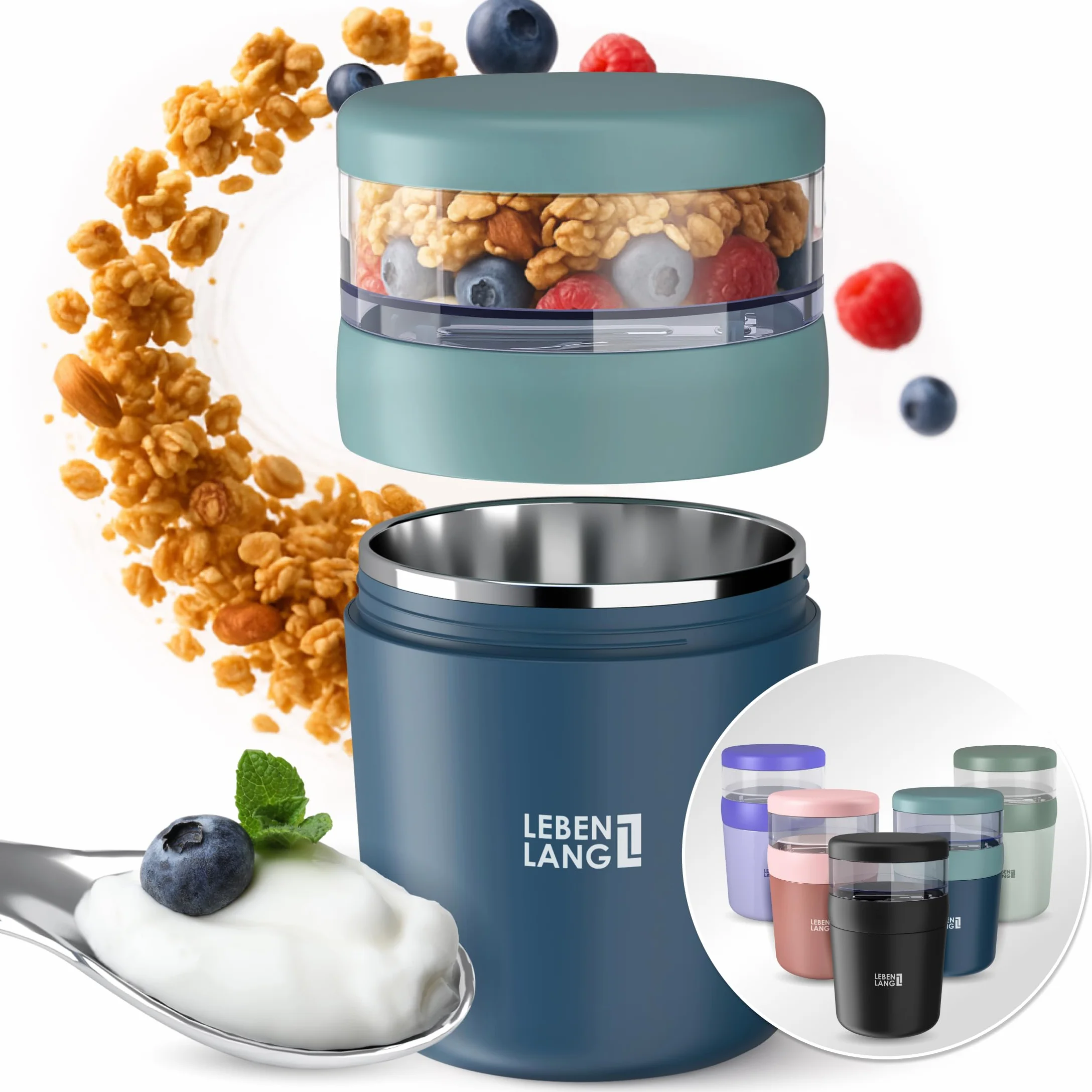 LEBENLANG Vaso Yogures & cereales para llevar con cuchara - 650ml & Pared Interior Aislante Inox I Overnight Oats Jar Tarro Cereales Tarros Yogurt Con Tapa Porta Yogur Vaso Smoothie Cereal Cup