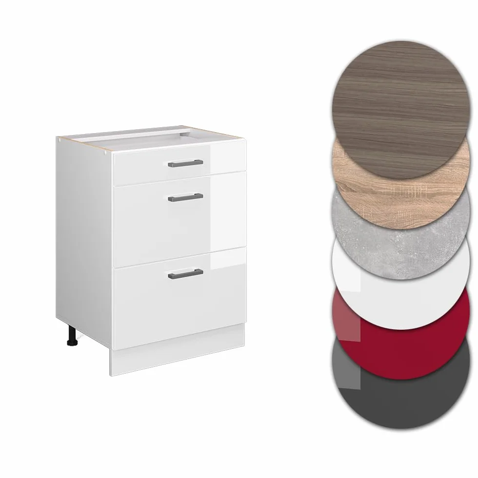 Vicco Mueble bajo de Cocina R-Line, Blanco Alto Brillo, 60 cm con cajones, sin encimera, para combinación Libre Dentro de Sistemas de Cocina modulares