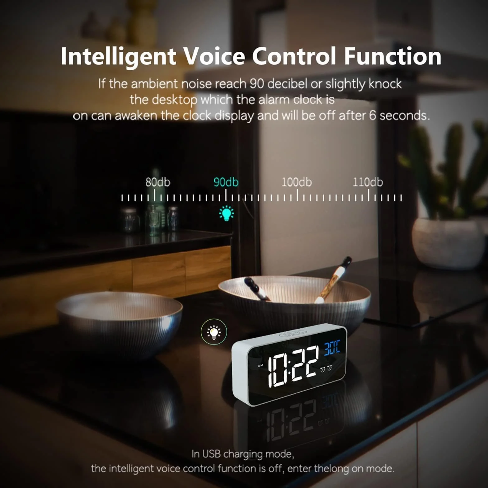 LATEC Reloj Despertador Digital LED con Espejo, Doble Alarma, Temperatura, USB, 10 Melodías, Brillo Ajustable, 12/24H Blanco