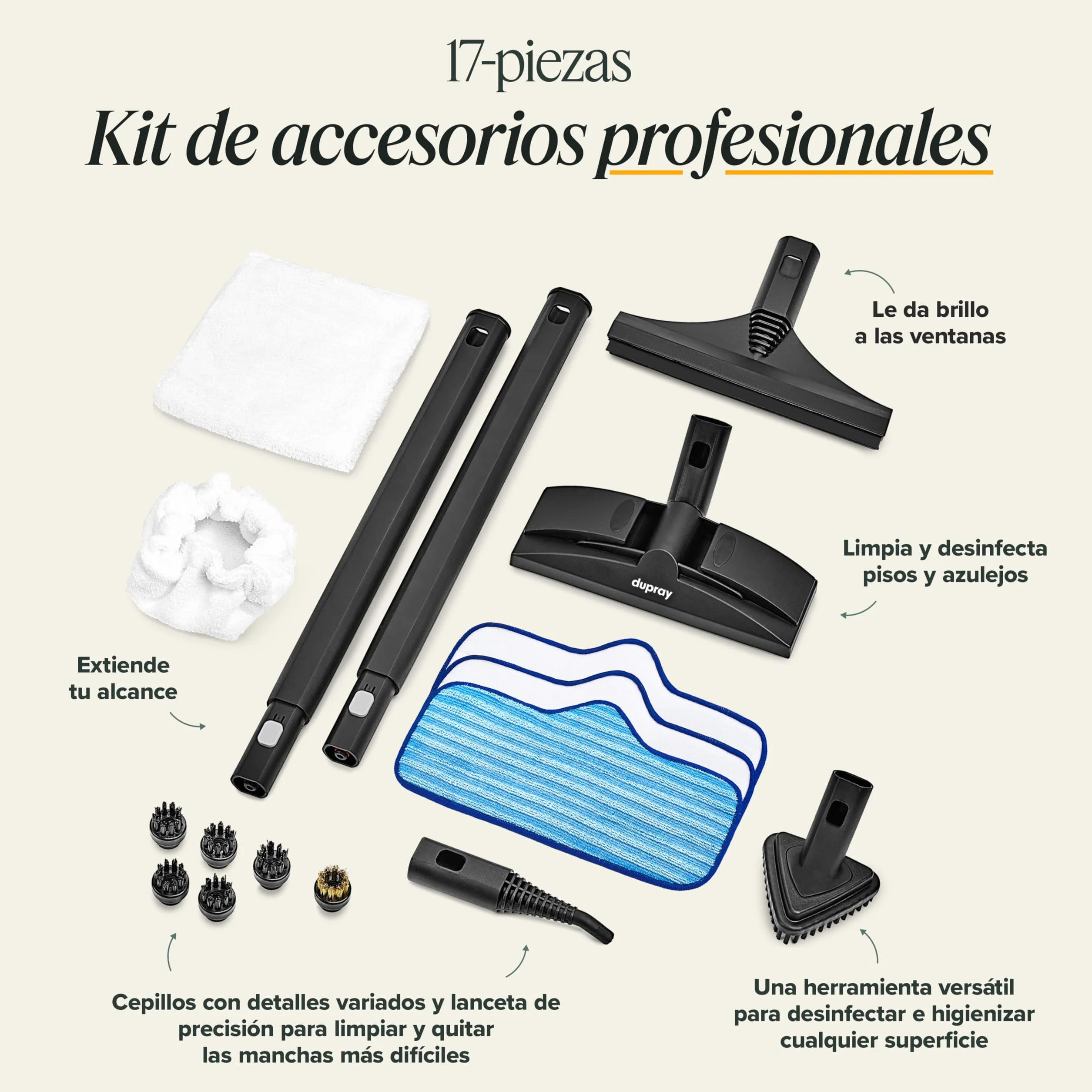 Dupray Neat Limpiador a Vapor Multifunción 17 Piezas para Hogar Suelos Baldosas