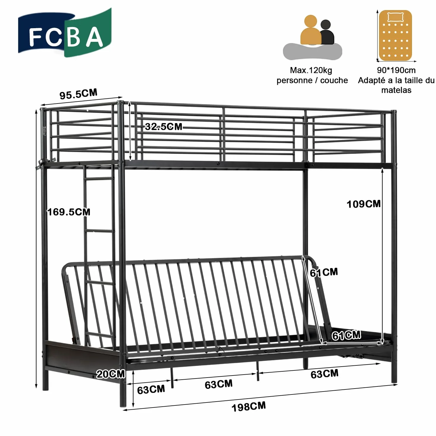 Literas Juveniles 90x190cm Marco de Cama con Sofá Plegable y Somier de Lamas de Metal Negro