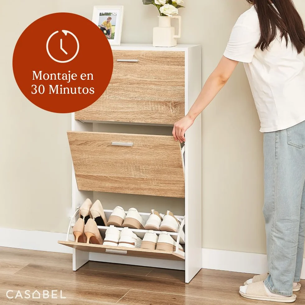 CASABEL Mueble Zapatero Moderno 3 abatibles, Almacenamiento para Zapatos 18 Pares, Madera Clara y Blanco, Mueble de Madera, Dimensiones L60xP24xH113 cm, Gran Capacidad, fácil de Instalar