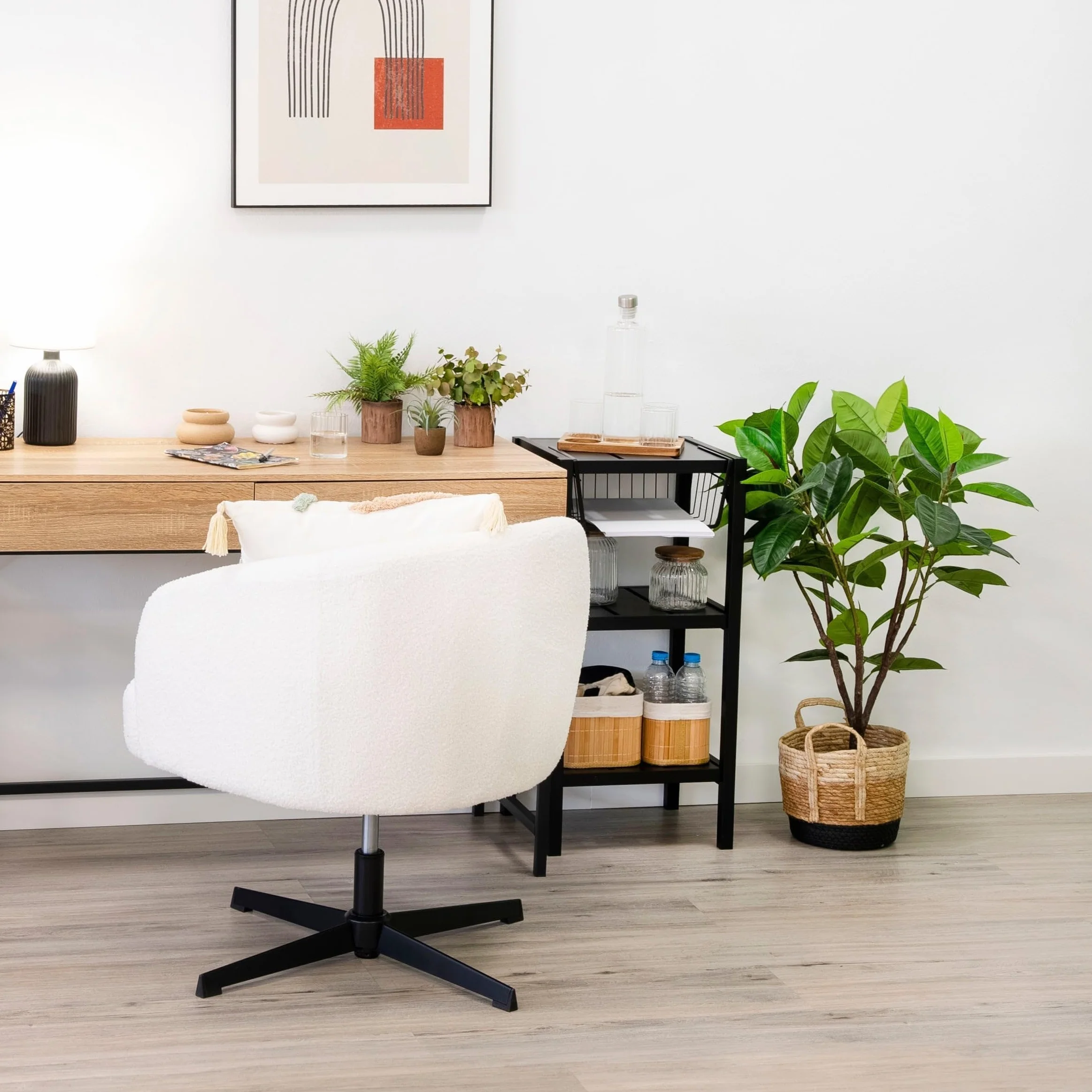 LOLAhome - Sillón Giratorio Regulable en Altura tapizado Borreguito Blanco para salón o Dormitorio. Diseño Redondo Moderno y ergonómico Que aporta Elegancia, Estabilidad y un Tacto Acogedor
