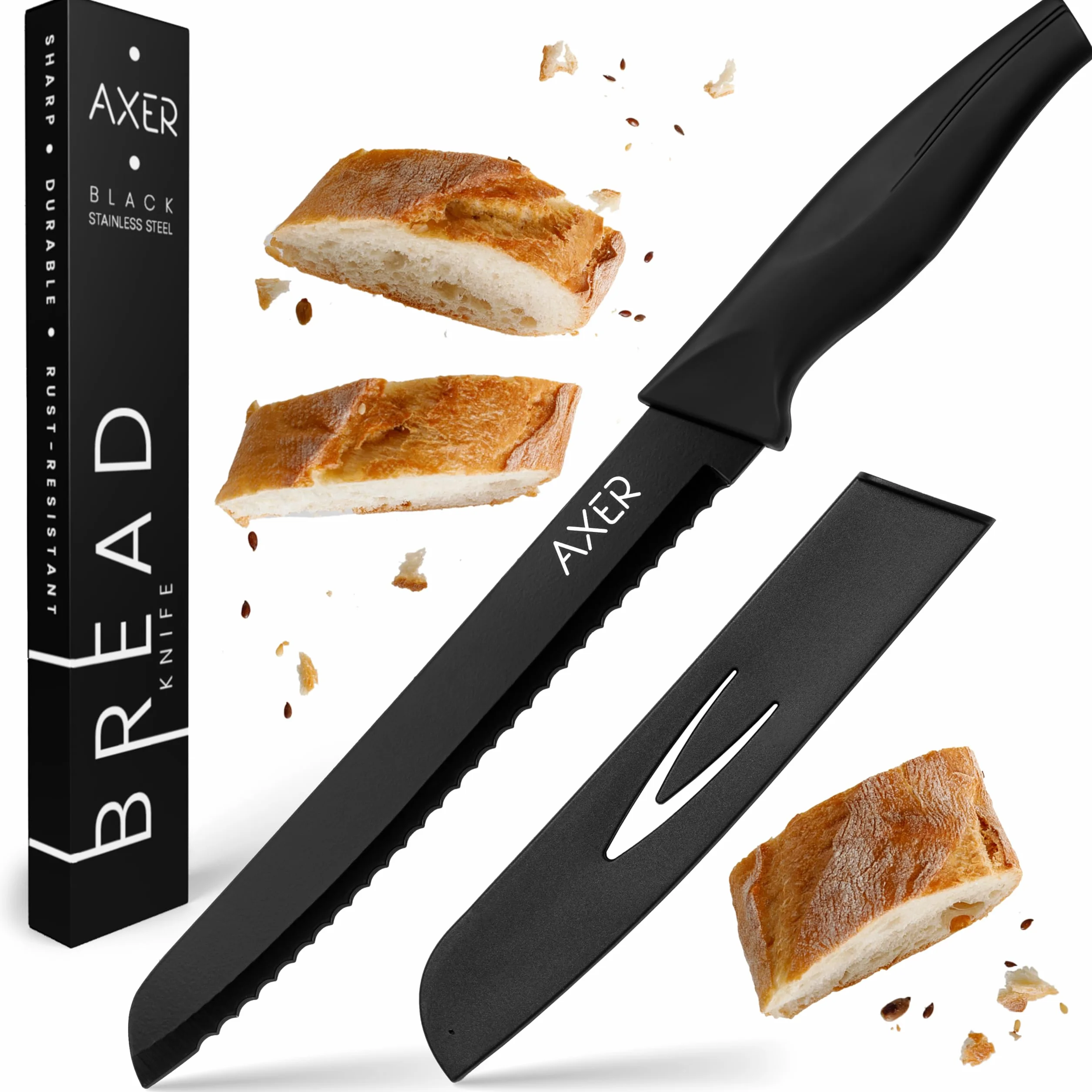 Axer Cuchillo de Pan Negro - Cuchillos Cocina Profesional - Cuchillo Pan con Funda - Bread Knife - Facas de Cozinha Para Pão - Cuchillo Cocina Profesional