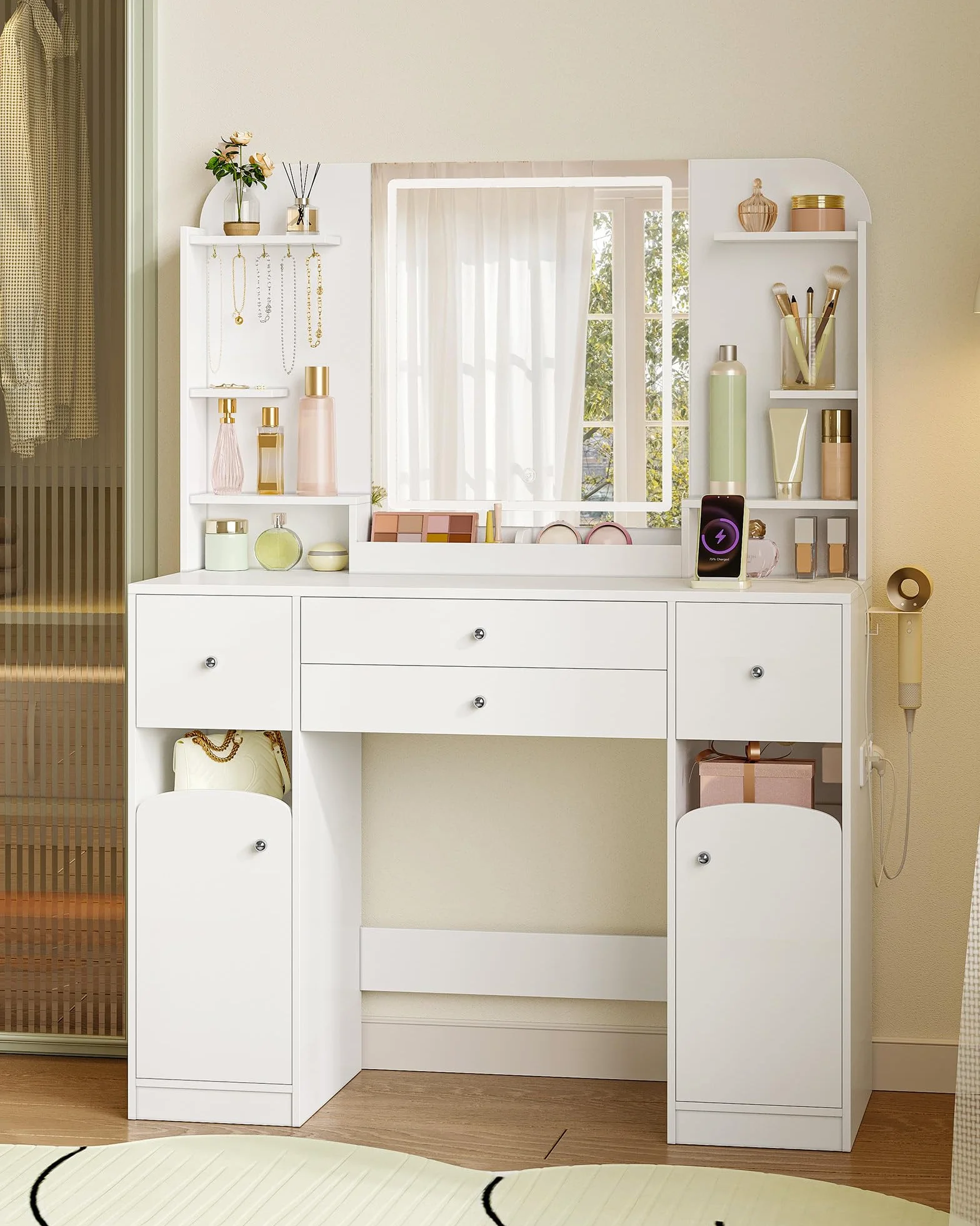 Hzuaneri Tocador con LED, Tocador de Maquillaje con Enchufe y Soporte para Secador de Pelo,108 cm Tablero, con 2 Cajones Grandes con Espacio para Guardar Joyas, 2 Armarios, 40 x 108 x 145 cm Blanco