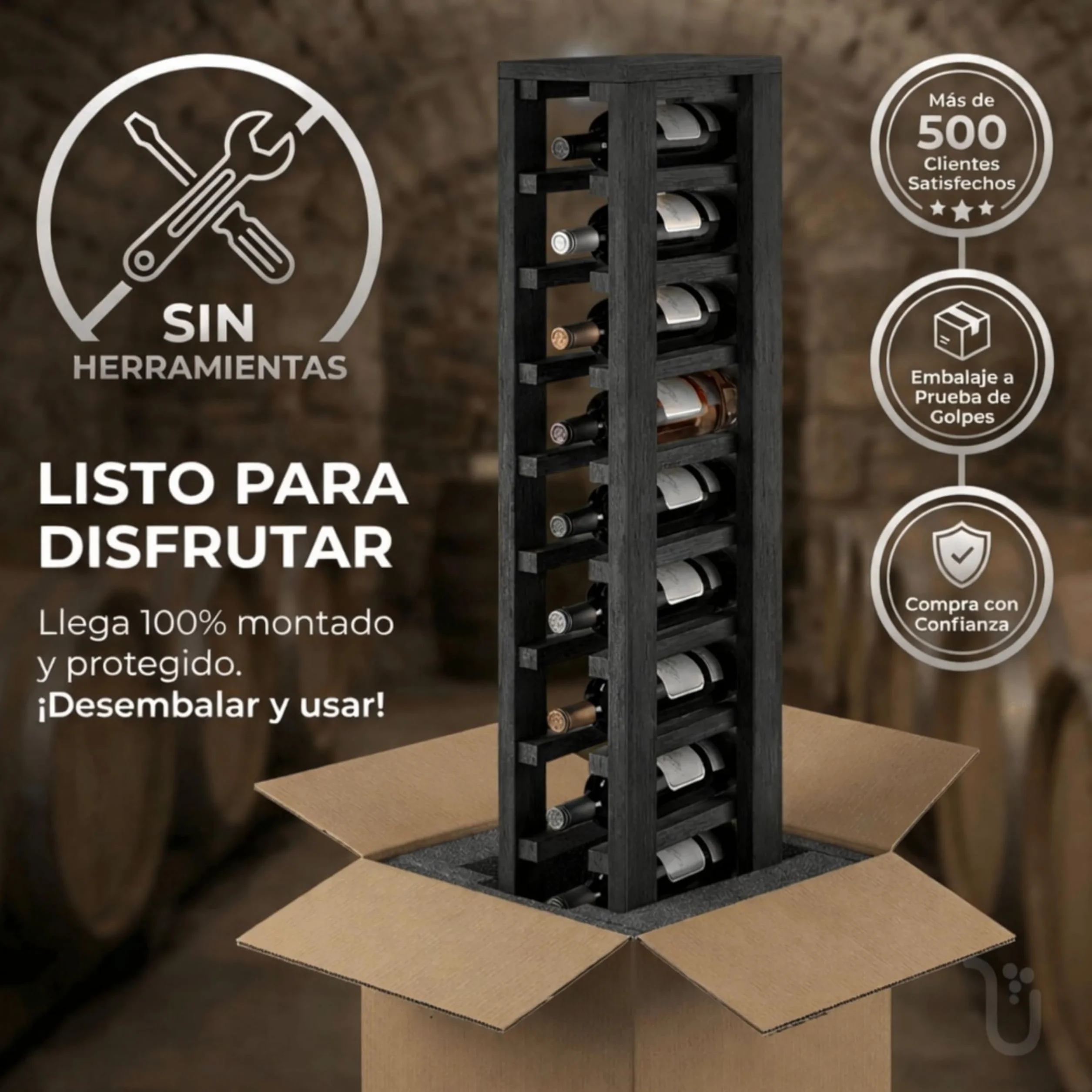 Botellero Vino de Madera Vertical 10 Botellas Pino Negro 105x13x32 cm