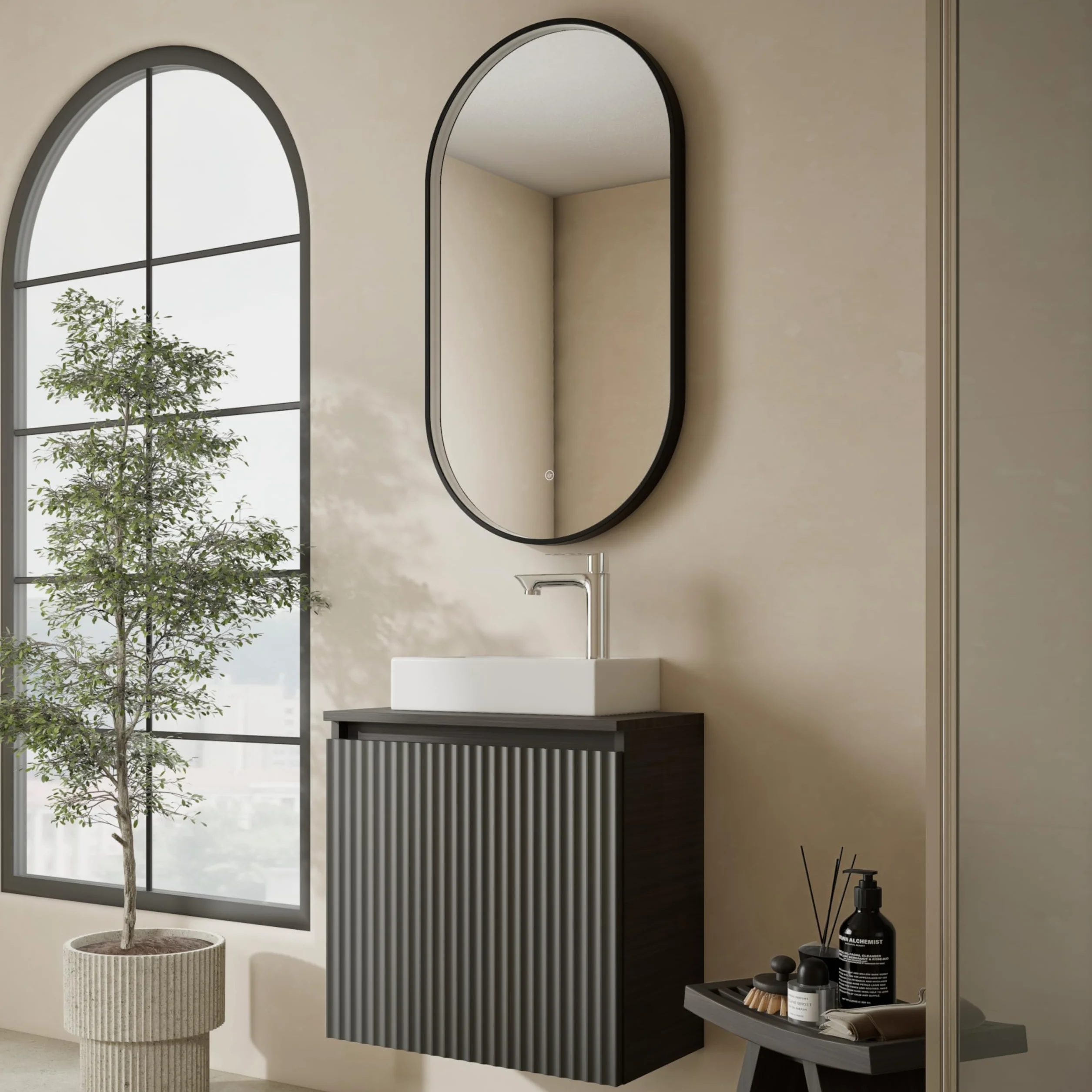 Planetmöbel Conjunto de muebles de baño Lavabo con mueble bajo 56 x 55 x 30 cm Antracita y roble dorado, espejo de baño con iluminación, 50 x 90 cm, espejo con marco, ovalado, 3 niveles de iluminación