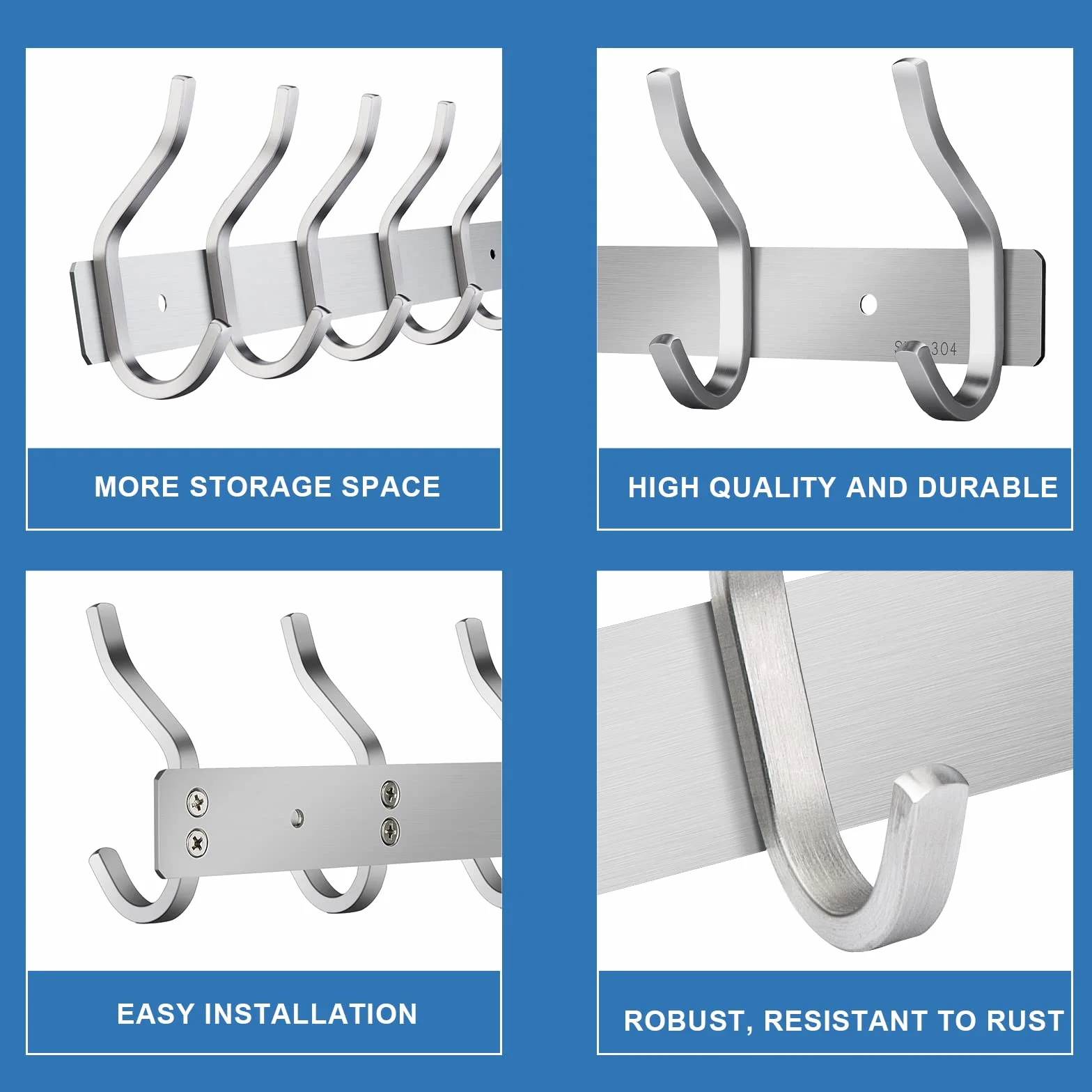 Percheros Pared con 4 ganchos, Ganchos Perchas de Montaje en Pared Acero inoxidable Colgadores Ganchos Perchero para Entrada, Cocina, Baño (4 Ganchos, Plata)