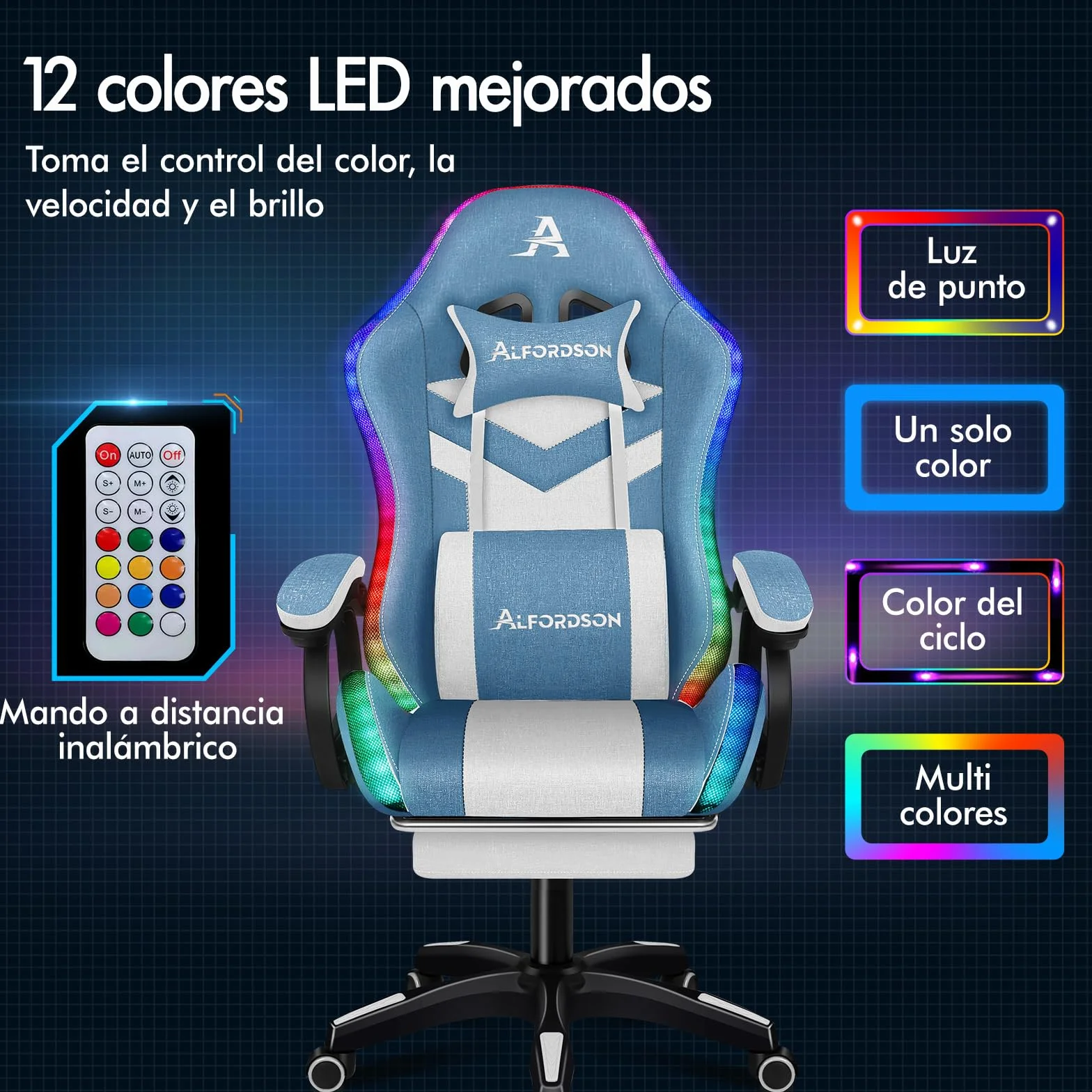 ALFORDSON Silla Gaming Ergonómica con Masaje y LED, Reposapiés Telescópico, Cojín Lumbar y Cervical, Azul y Blanca