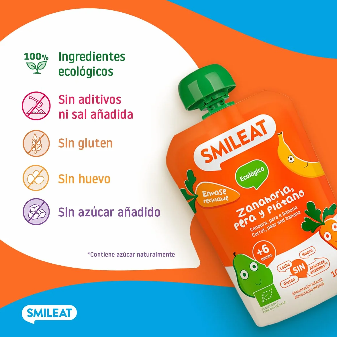Pouch de Frutas Ecológicas Smileat - Zanahoria, Pera y Plátano - Sin Azúcar Añadido, Sin Gluten - Snack Práctico