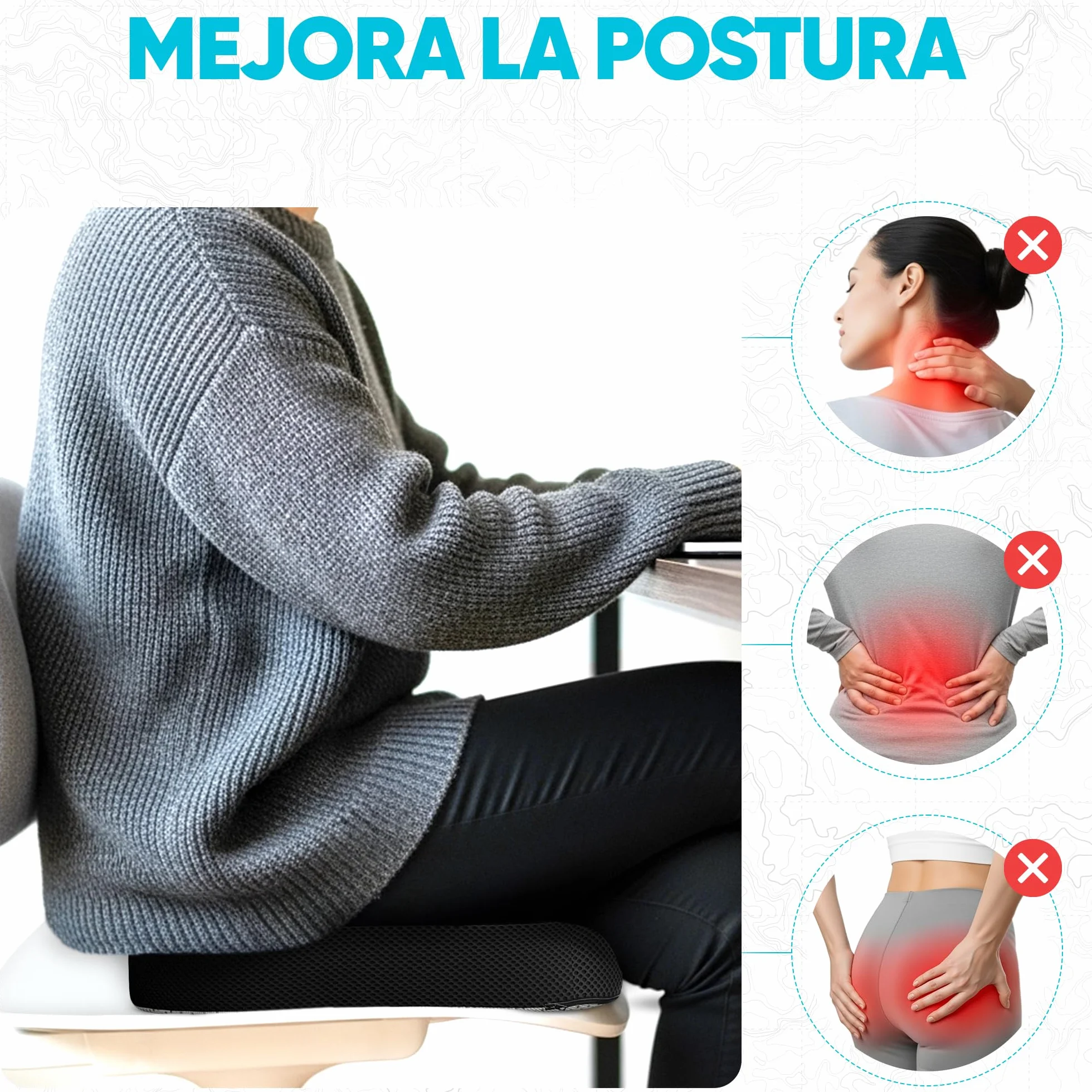 FORTEM Cojín Silla Oficina Forma U Espuma Viscoelástica Ergonómico Asiento Coche Gaming Viaje Funda Lavable