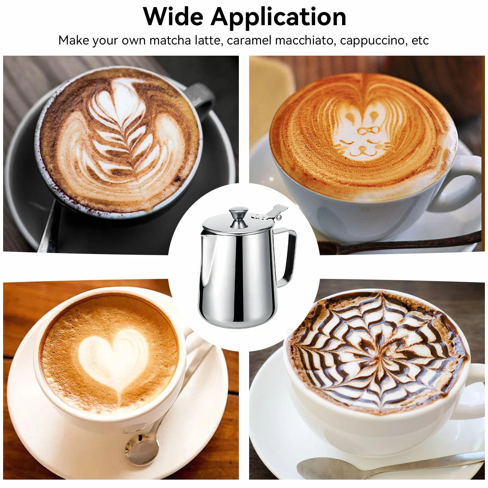 Jarra de leche con tapa, 600 ml/1000 ml, jarra de leche de acero inoxidable, jarra de espuma de leche con mango para café con leche, número de referencia (600 ml)