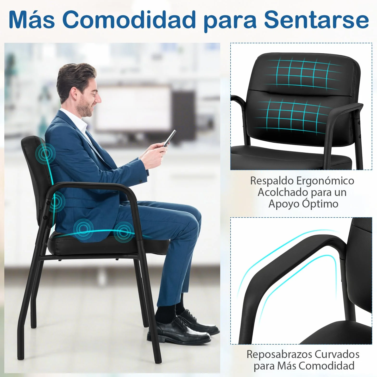 GIANTEX Juego de 2 Sillas Confidentes, Sillas de Reuniones Ergonómicas con Respaldo y Asiento Acolchados de Piel Sintética, Reposabrazos, Capacidad 160 kg, para Oficina, Sala de Espera (Negro)