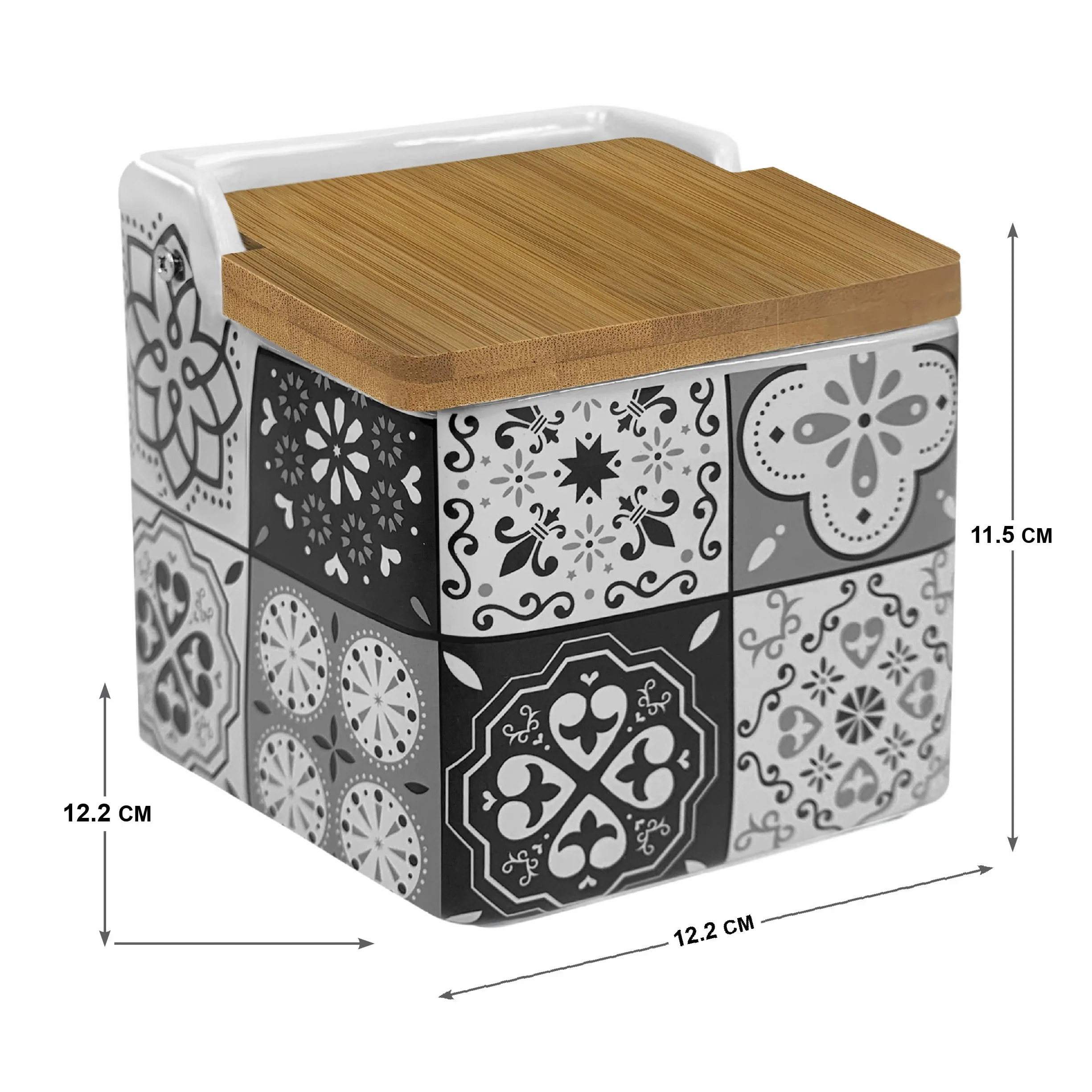 TIENDA EURASIA - Salero de Cocina de Cerámica | Tapa Abatible de Bambú | Diseño Moderno de Mosaico | Color Gris | Medida 12 x 12 x 11 cm | Saleros de Cocina Modernos