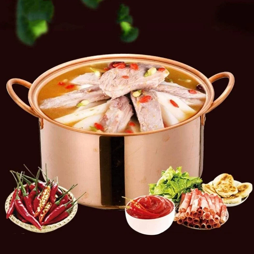 Olla de Sopa y Estofado de Cobre Hecha a Mano - Cazuela Profunda Para Estufa de Gas - 26cm