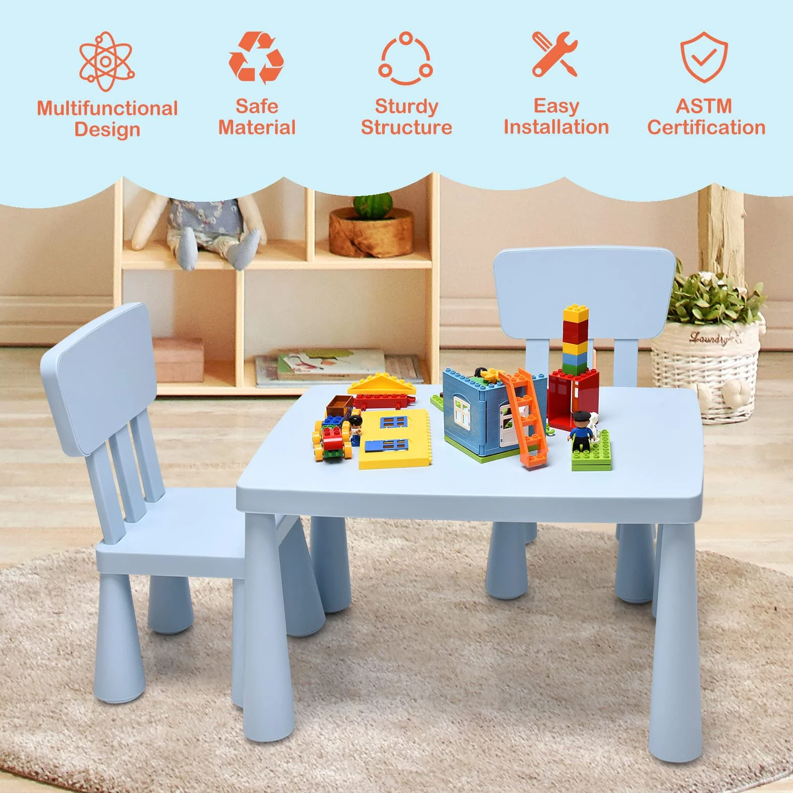 LIFEZEAL Juego de Mesa y Silla Infantil 3 Piezas, Mesa con 2 Sillas de Plástico para Niños 1-7 Años (Azul)