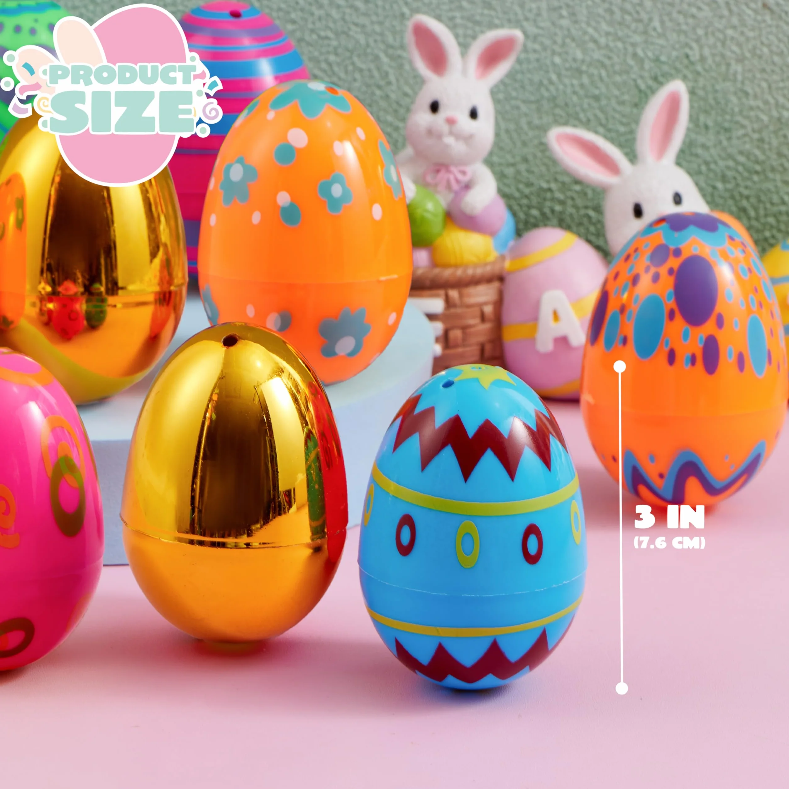 JOYIN 44 huevos impresos de Pascua de plástico 3.15 pulgadas rellenables para búsqueda