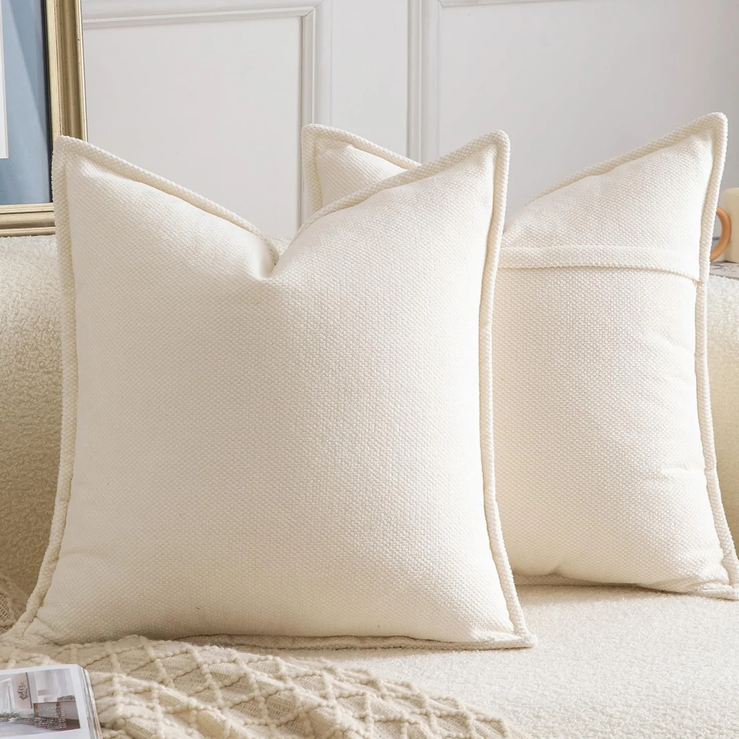 Madizz Juego de 2 Fundas de Almohada de Chenilla Suave 60x60 cm Boho Crema