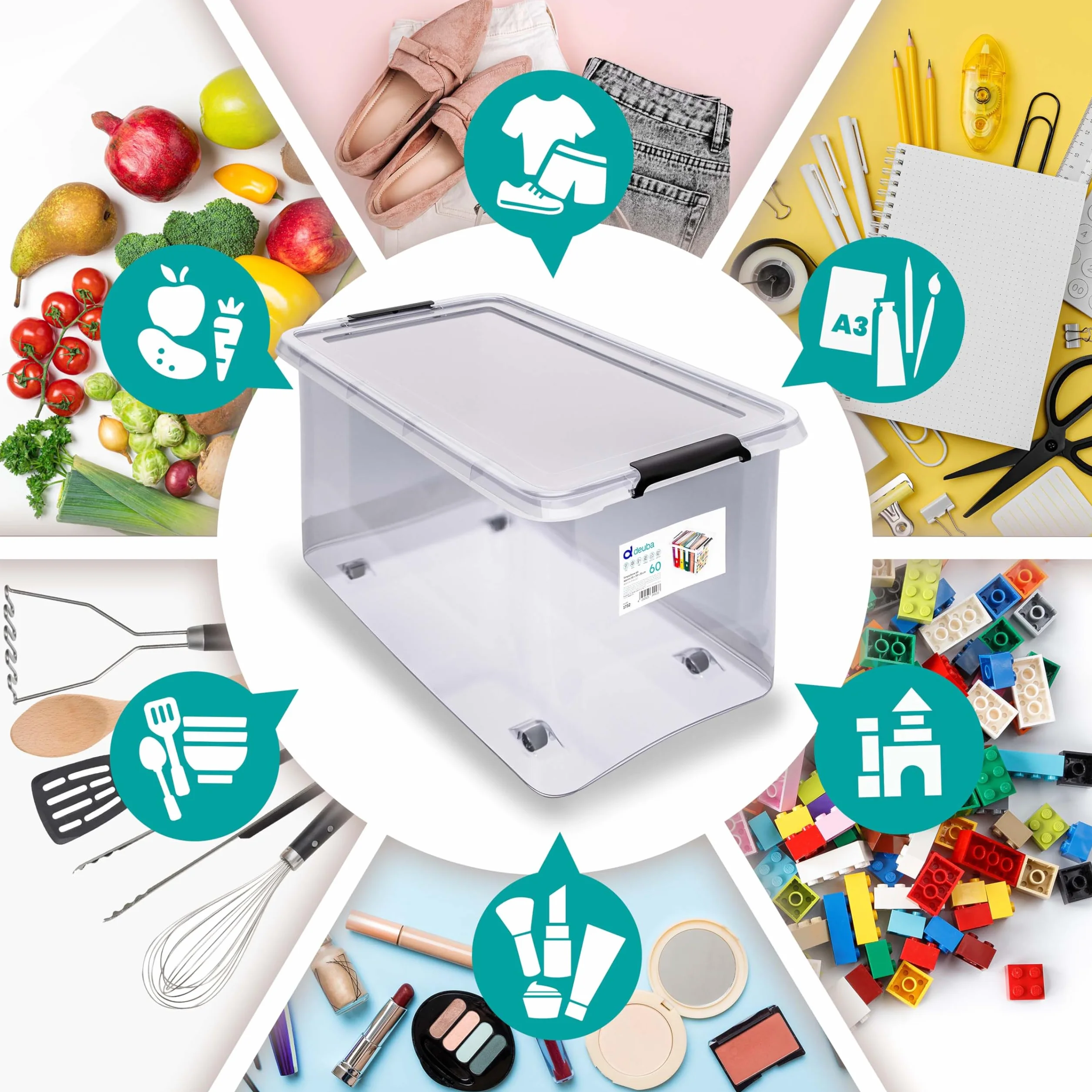 Deuba 4X Cajas de Almacenamiento 60L Tapa Clips de Cierre Transparentes Apilable