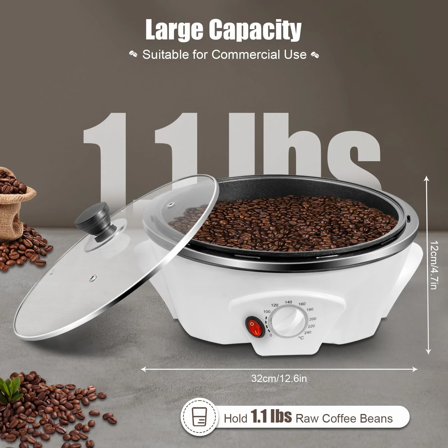 MINRS Tostador de café eléctrico 1200W 0-240°C para hogar