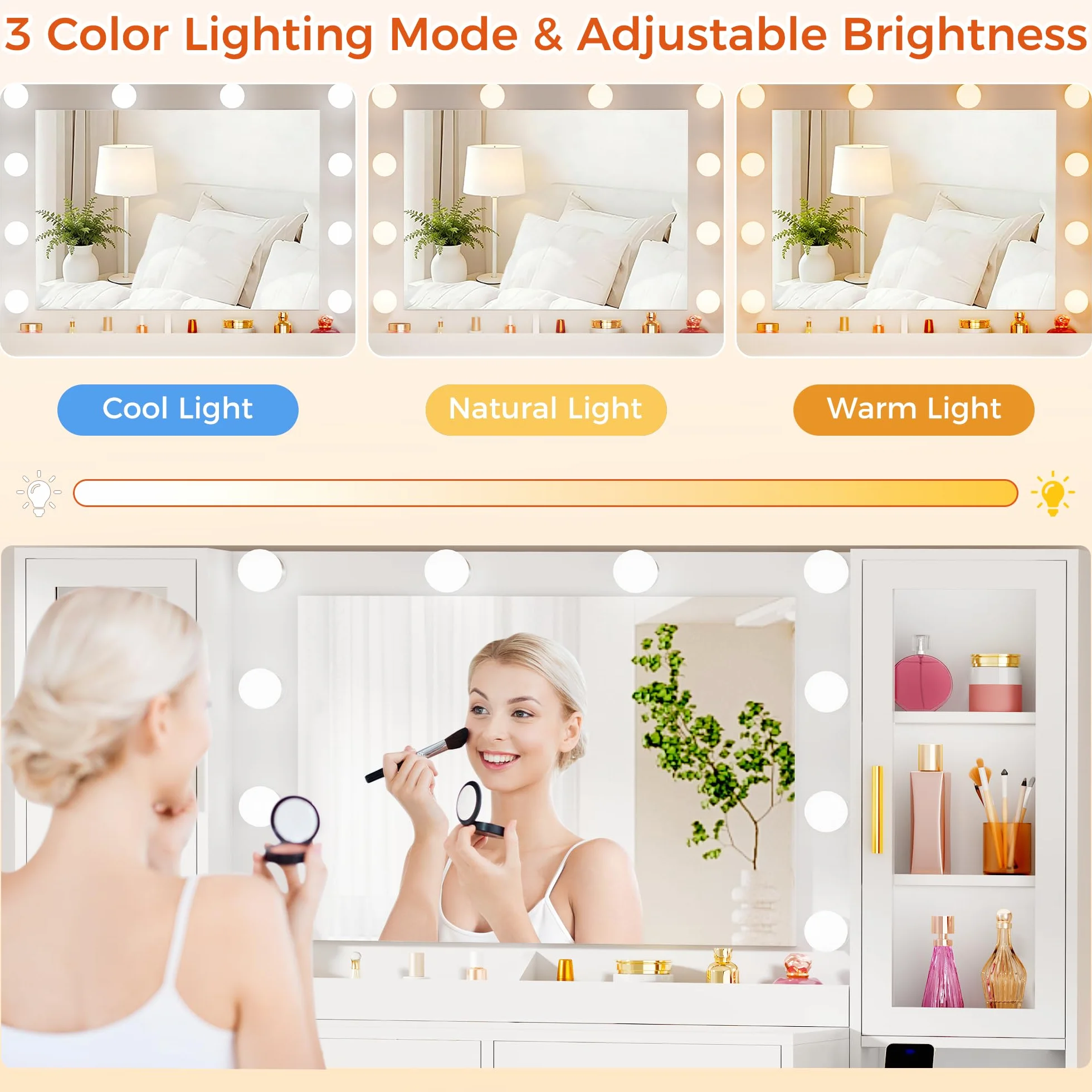 ANWBROAD Tocador con Espejo y Luz LED 135cm, Mesa de Maquillaje con Enchufes, Puertas de Vidrio Templado, 11 Cajones, Blanco BDT23W