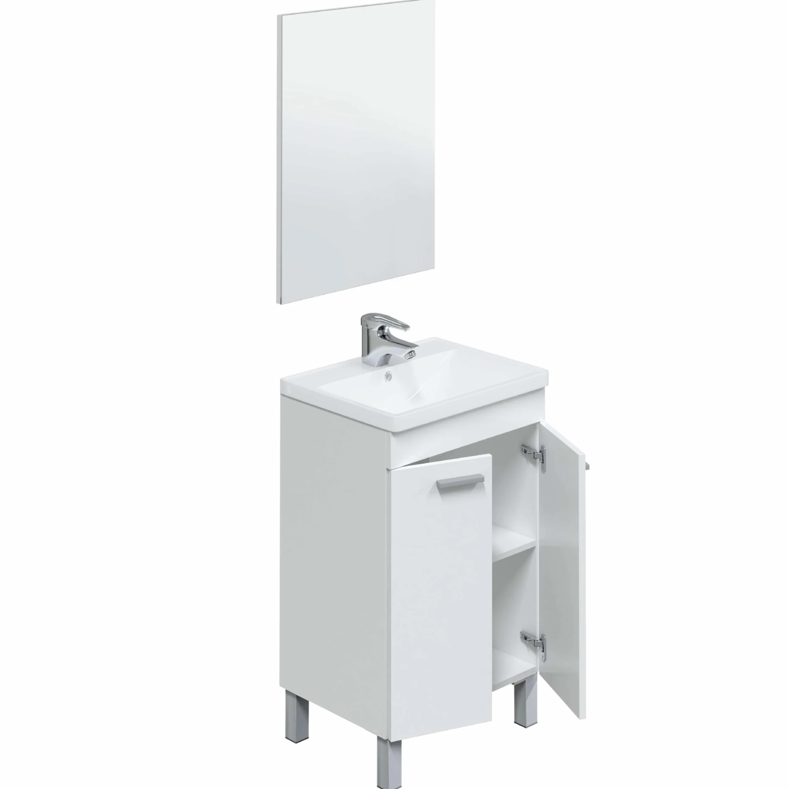Mueble de Baño Camelia Estilo Contemporáneo en Color Blanco con 2 Puertas y Espejo 50x80x40 cm (Lavabo Cerámico)
