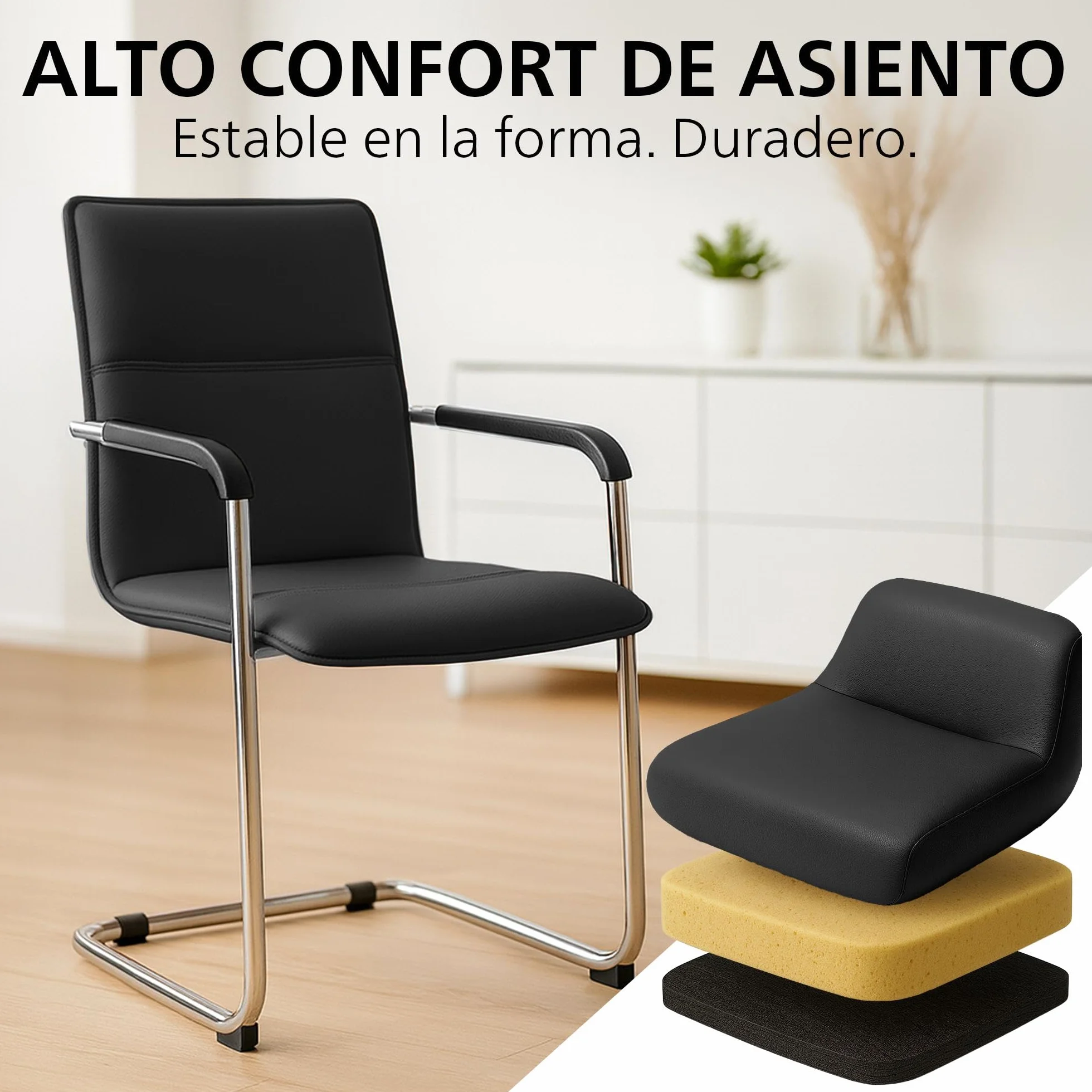 CLP Sillas Cantilever Juego de 2 con Reposabrazos Seattle, Sillas de Comedor Modernas Tapizadas con Cuero Sintético, Negro