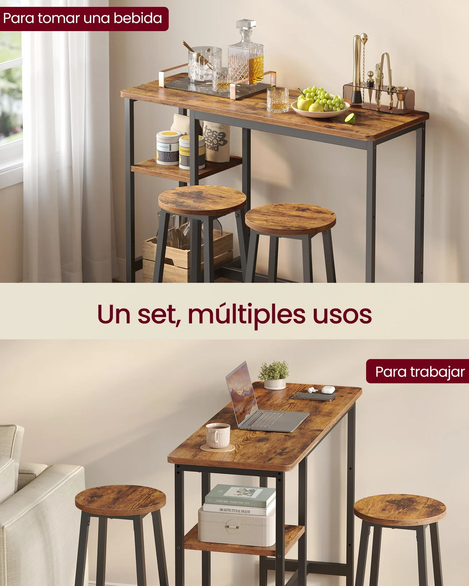 VASAGLE Mesa de Cocina con 2 Sillas, Conjunto Comedor con Estantes, Marco Acero, Marrón Rústico y Negro