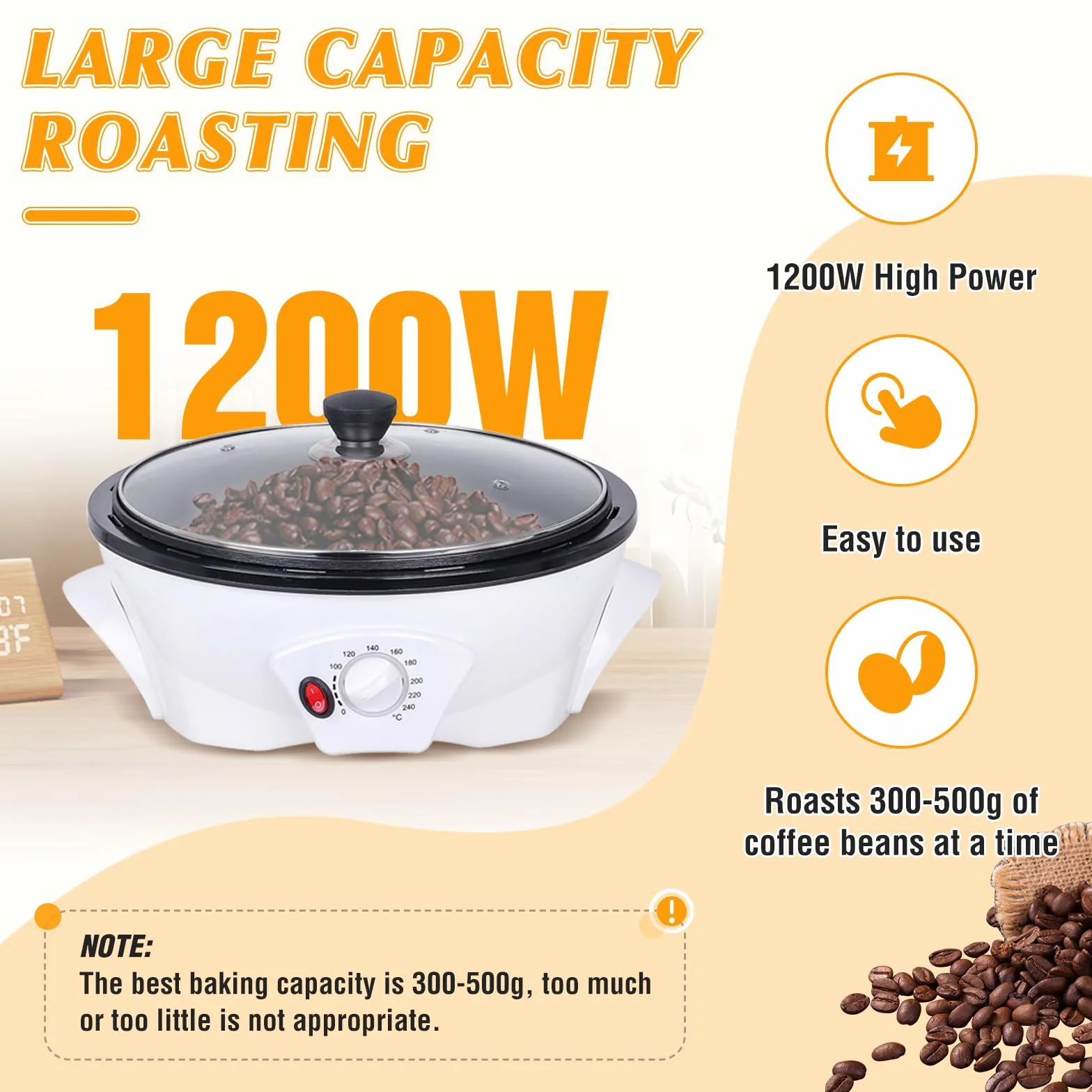 Tostador de Café 500g 0-240℃ 1200W con Temporizador