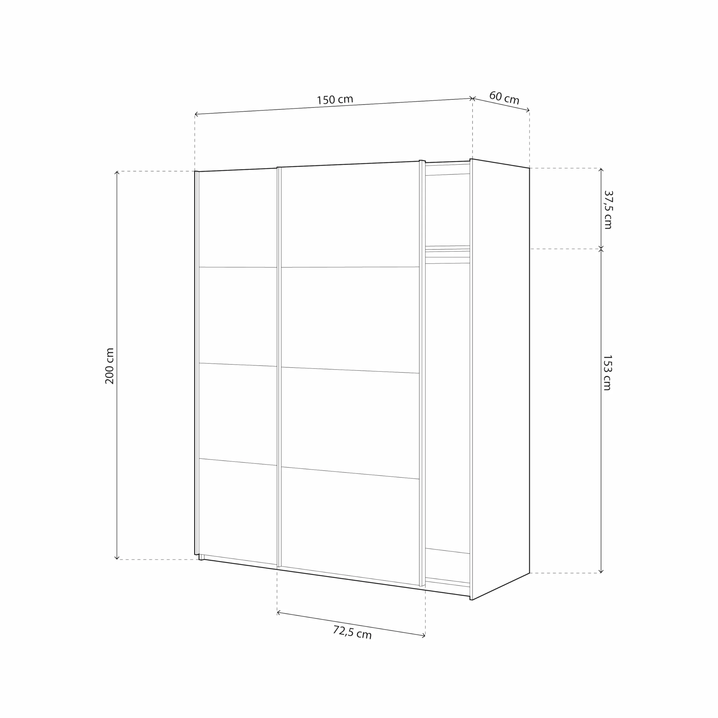 duehome | Armario de 2 Puertas Correderas, Barra de Colgar y Estantes, Armario para Dormitorio, Modelo Unix, Acabado en Blanco Artik, Medidas: 150 cm (Largo) x 200 cm (Alto) x 60 cm (Fondo)