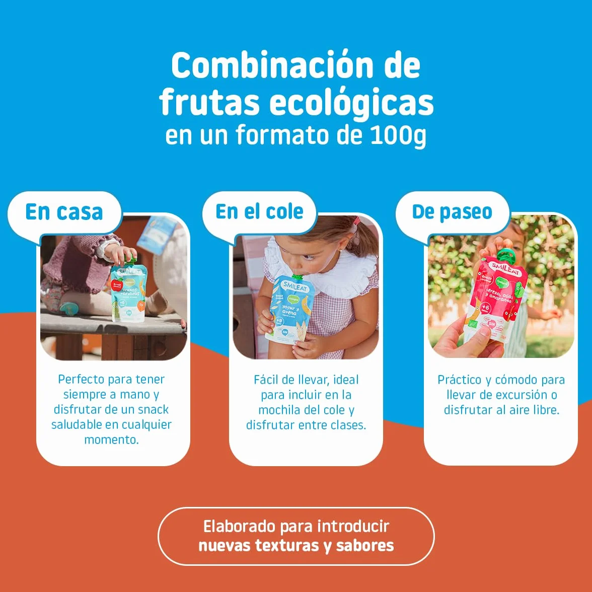 Smileat Pouch de Frutas Ecológicas Sin Sal ni Azúcar Añadido Sin Gluten Snack Práctico para Peques Sabor a Leche de Almendras Cacao y Fresa