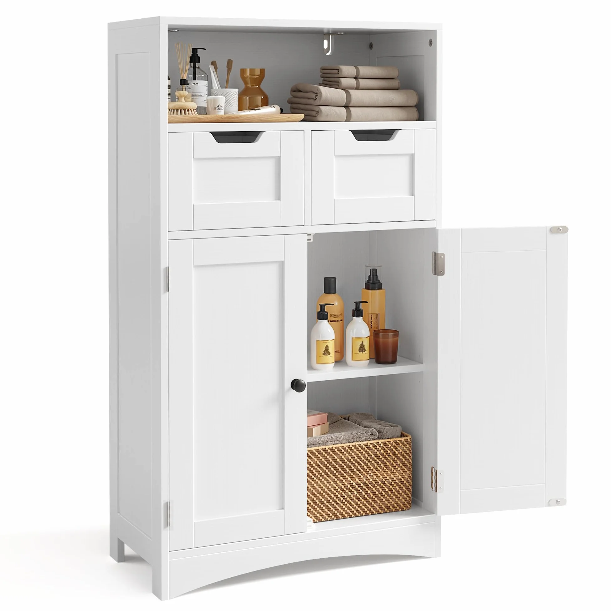 Bealife Armario de Baño 60x30x108 cm con 2 Puertas y 2 Cajones, Estante Ajustable, Blanco