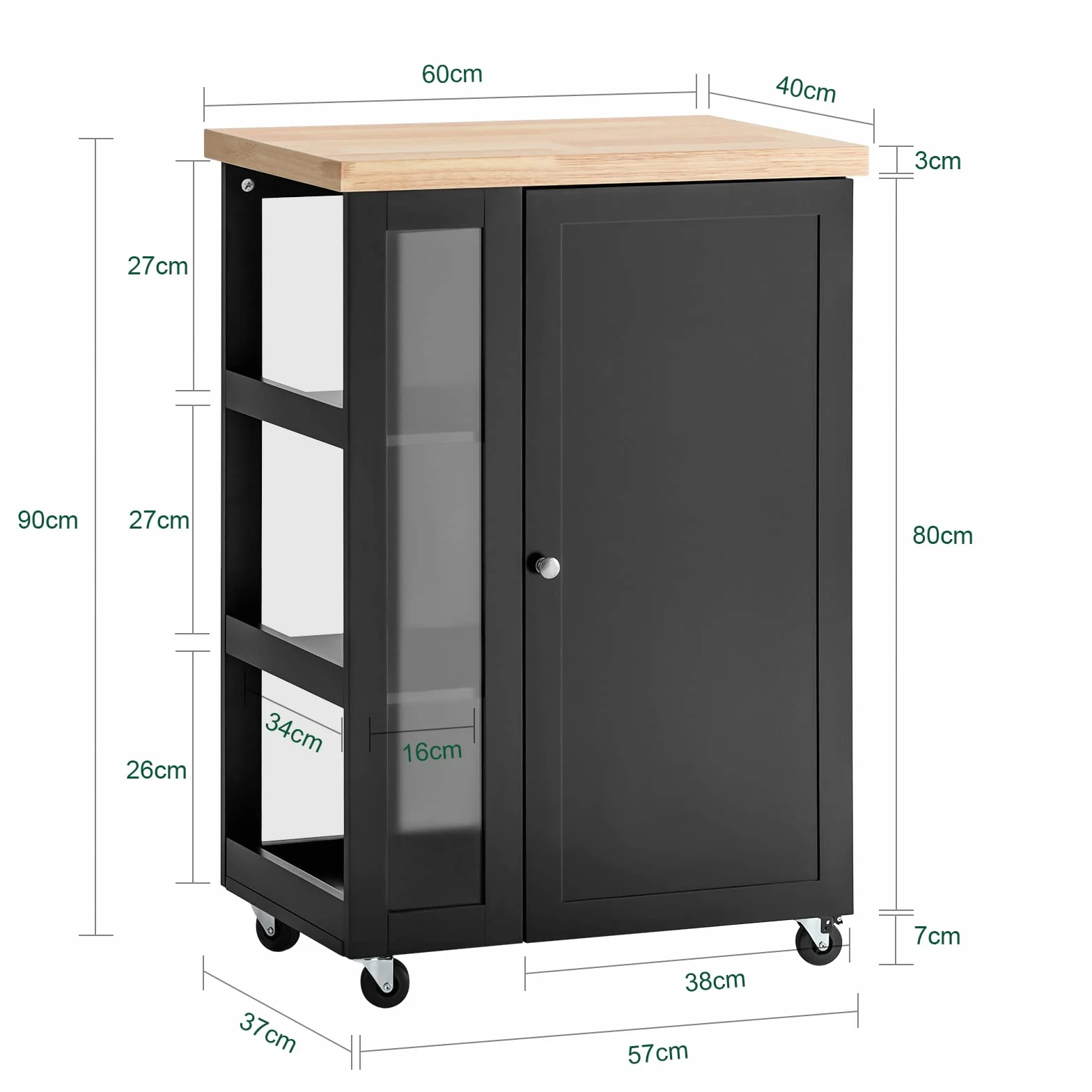 SoBuy Carrito Auxiliar con Ruedas y Estante Lateral 60 × 40 × 90 cm Cocina | Mueble auxiliar de cocina con armario y 2 baldas regulables en 6 posiciones, de MDF (E1) y cristal, para el comedor FKW75-SCH