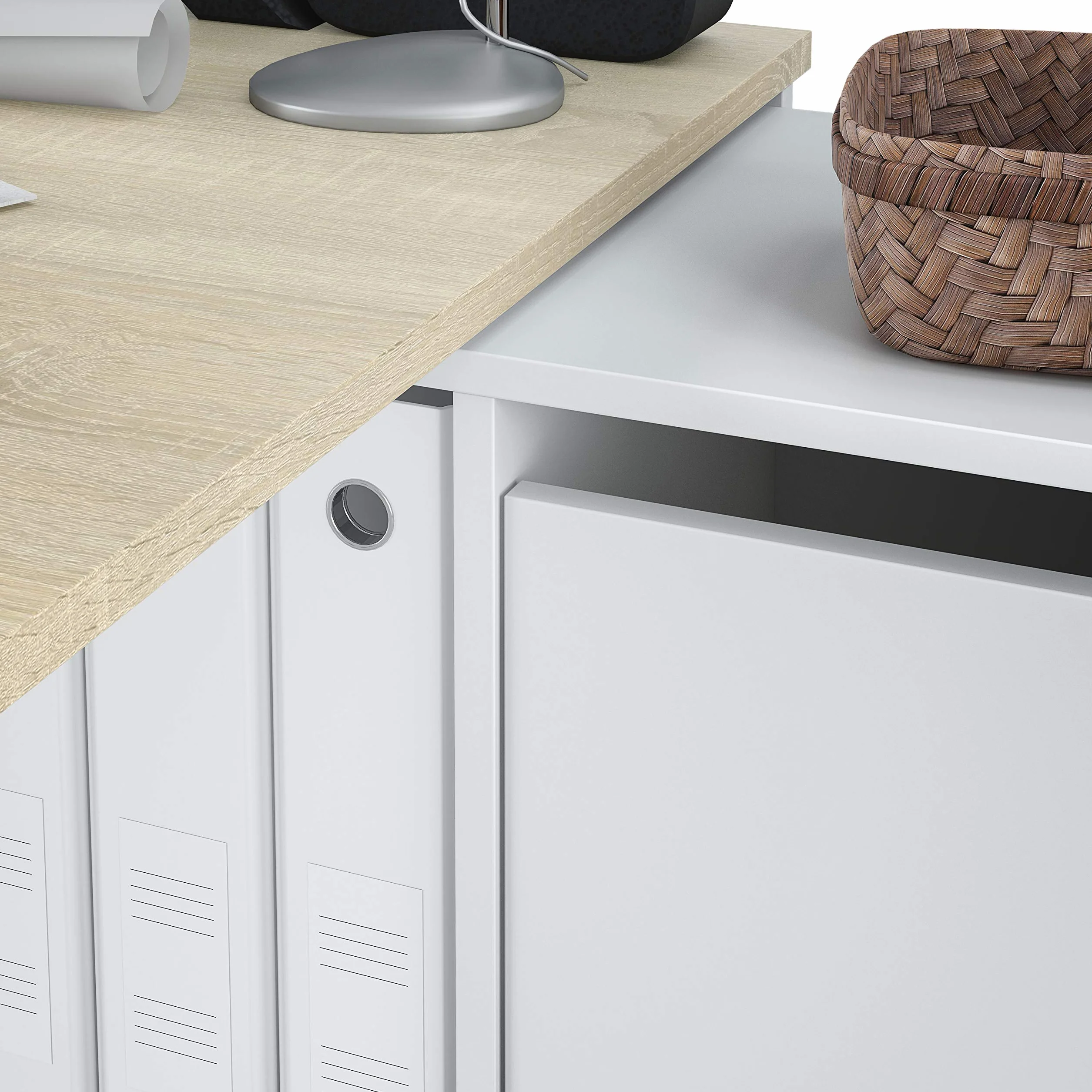 duehome | Escritorio Multiposición Reversible, Mesa Estudio, Mesa PC, Modelo Move, Acabado en Blanco Artik y Roble Canadian, Medidas: 136 cm (Largo) x 139 cm (Ancho) x 74 cm (Alto)