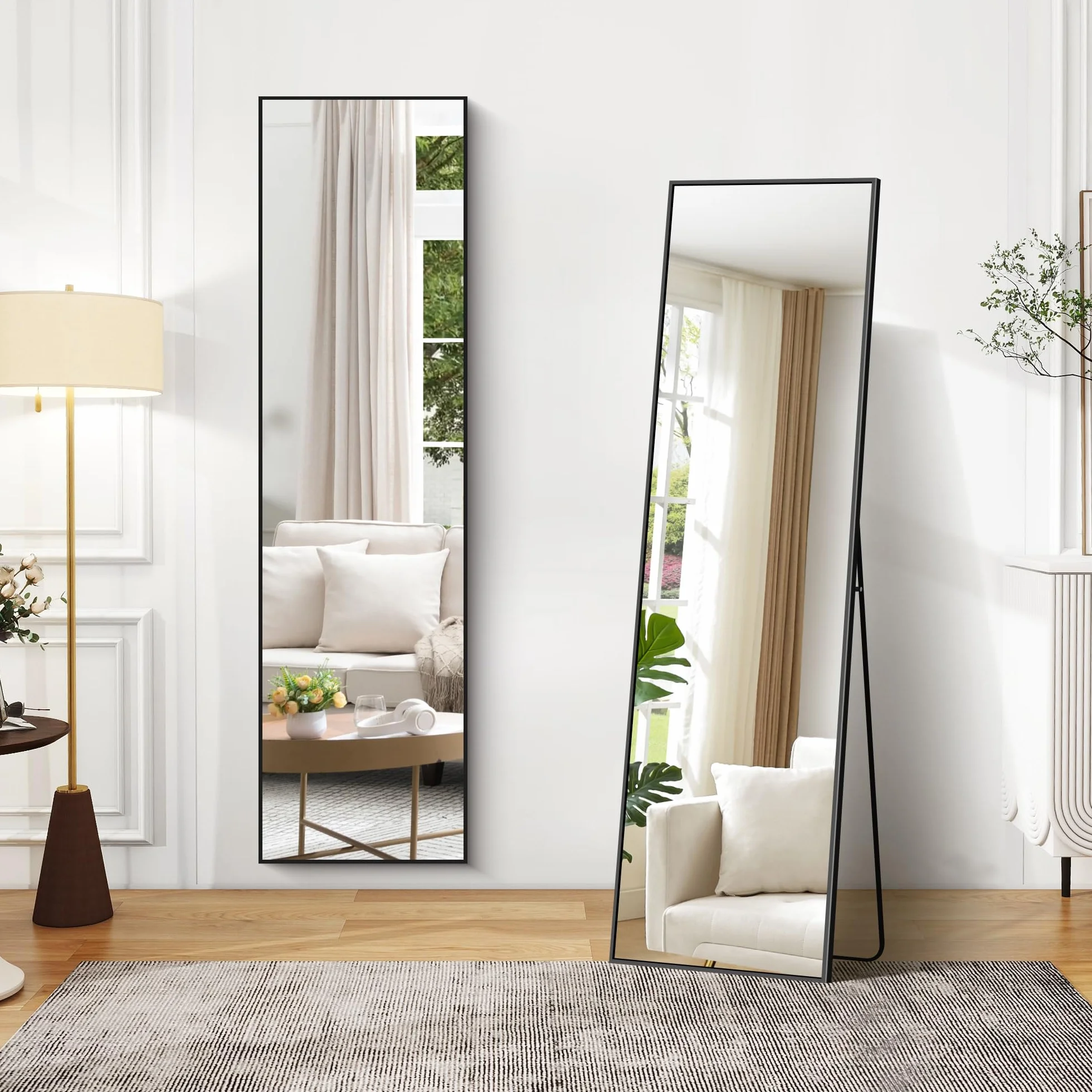 COFENY Espejo de Pie Cuerpo Entero 150 x 40 cm, Espejo Pared con Marco de Aluminio, Espejo de Pie Inclinado o Colgante para Salón, Dormitorio, Entrada, Negro