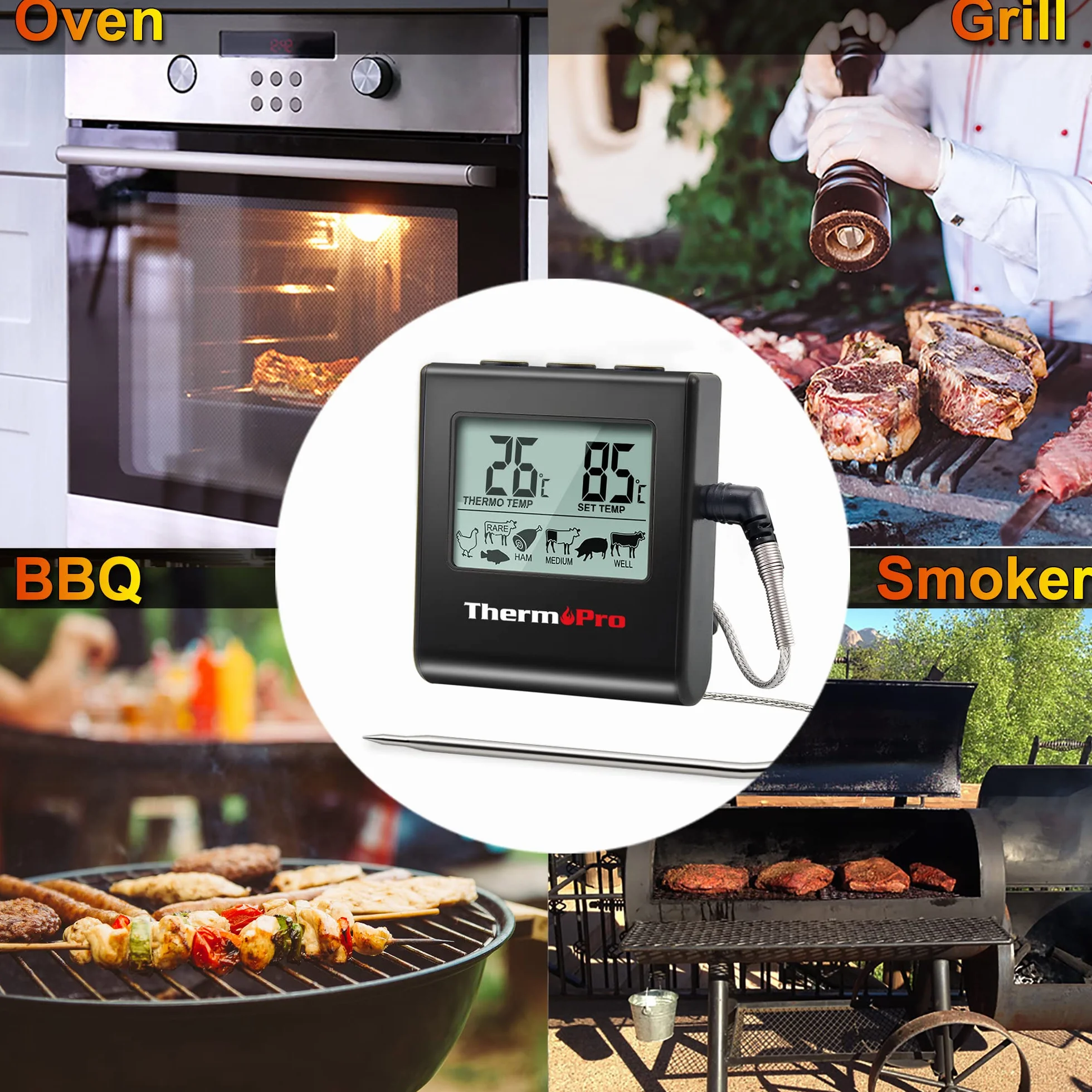 ThermoPro TP16B Termómetro digital de Cocina Carne Alimento para Barbacoa Horno Leche Parrilla con Temporizador y Alarma, la Sonda de Acero inoxidable, Negro
