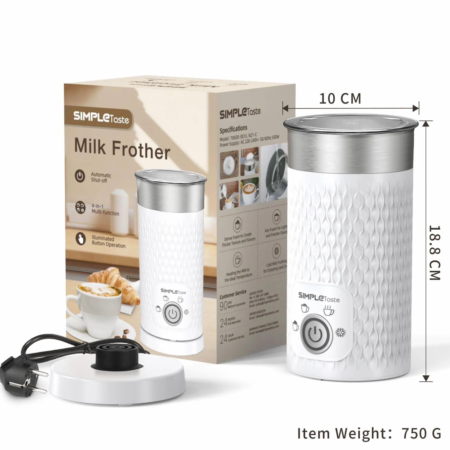 SIMPLETASTE Espumador de Leche Eléctrico 4 en 1, Automático, Calentador y Preparador de Chocolate Caliente para Café