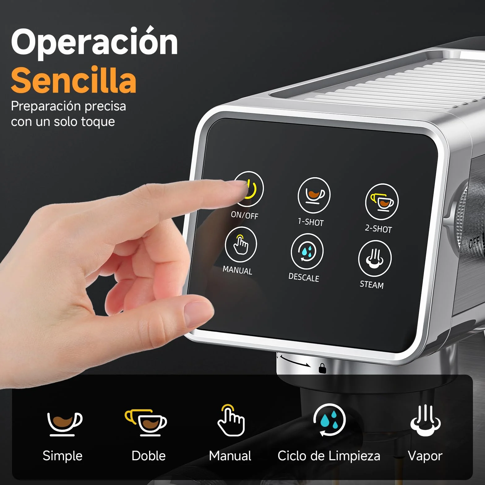 AMZCHEF Cafetera Espresso 20 Bar de Acero Inoxidable con Pantalla LED Táctil, Cafetera Express con Autolimpieza y Vaporizador de Leche, Compacta para Cappuccino y Latte, Ideal para Casa y Oficina